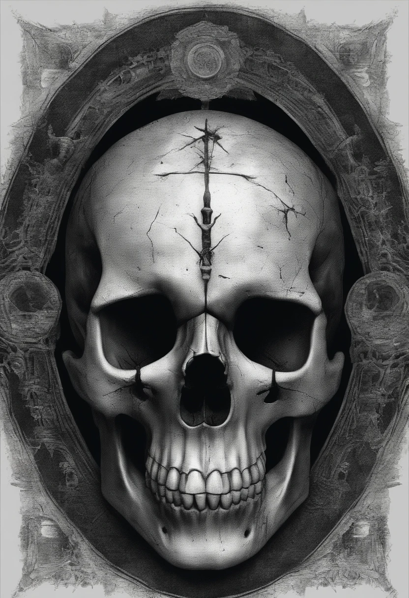 8k, La mejor calidad, Obra maestra, ultr resolution A close-up of a skull , Calavera de hiper realista, Arte detallado aterrador en blanco y negro, Arte en blaco y negro aterrador en 4K, sacred skull, Conjurando un fondo tranparente, Ilustraciones digitales detalladas, calavera, Calaveras sagradas, Hyper realistic illustration, Calavera de piedra, skull face, Skull of Death, Arte aterrador en blanco y negro, cráneo liminal void background, estilo de arte hiper realista
