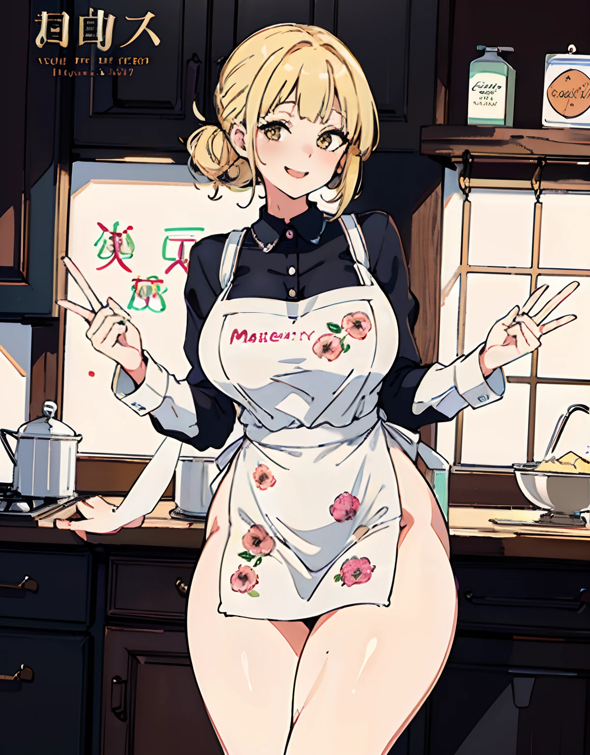 (Best Quality, Masterpiece),sexy mommy, Front cover of a women's cooking magazine, , naked, erotic, 18+, nsfw, 1girl, 30 years old, stunning, cute, heartwarming smile, hourglass figure, wearing floral dress, pinny apron, beautiful food, text, diagrams, advertisements, magazine title, short blonde hair