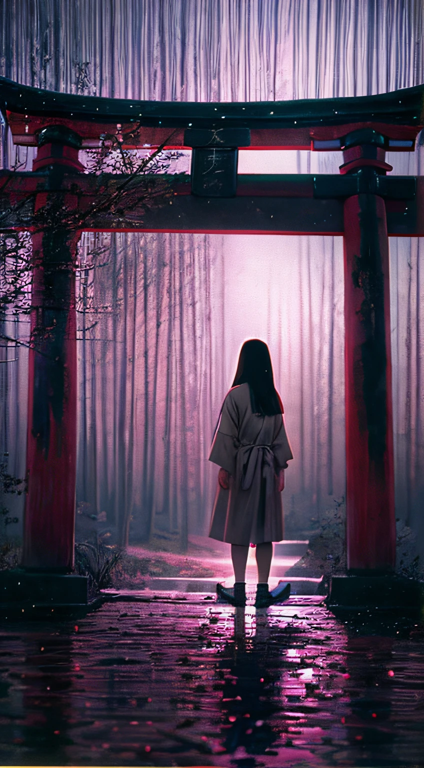 Horror shot of creepy girl with long straight black hair, No face, Wearing a dirty hospital gown, Stand alone in front of the torii gate at night, thirds rule, Tonal color scheme, Pale Brown, Pensive silence, Bokeh, mystery, Horror, unholy, eery, creepy, Moody lighting, In the style of Denis Villeneuve, Film Still, cinestill 800