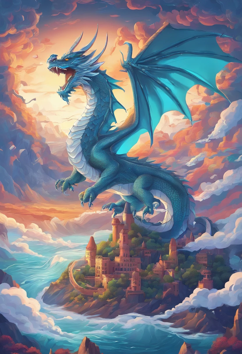 Draw four dragons，National tide wind，Shuttling through the clouds，Realistic style