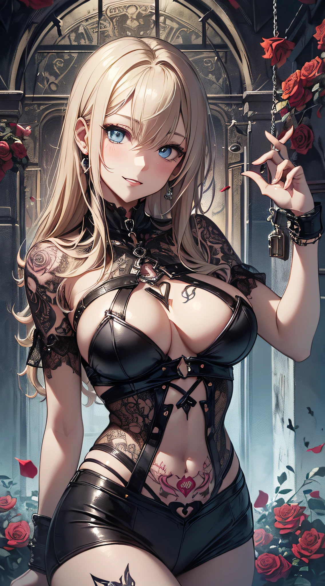 top-quality、Top image quality、masterpiece、girl with((18year old、dark outfit、prisoner、 Best Bust、Bust 85、a blond、Semi-long、Blue eyes、open chest wide、Valley、Happiness、A slender、Provocative behavior、Evil face、Handcuffed、High laughter、Skull tattoo、Tattoo of roses、Targeting your audience))hiquality、Beautiful Art、Background with((prison、Dark impression))、masutepiece、Elaborate design、visualart