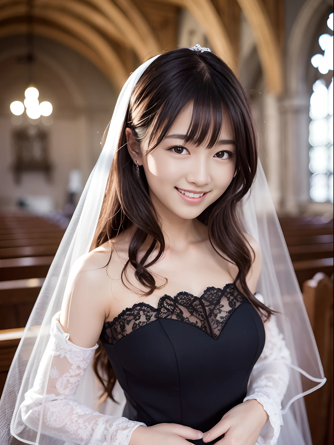 ((​masterpiece))、((ultra-quality))、Mona、((is standing))、weddingdress、veils、Church interior、:で、red blush、ighly detailed、An 18-year-old woman、Happy smile、Looking at the camera、Close to face、

((top-quality、8K、​masterpiece:1.3))、foco nítido:1.2、Highly detailed facial and skin texture、  A detailed eye、二重まぶた、great laughter