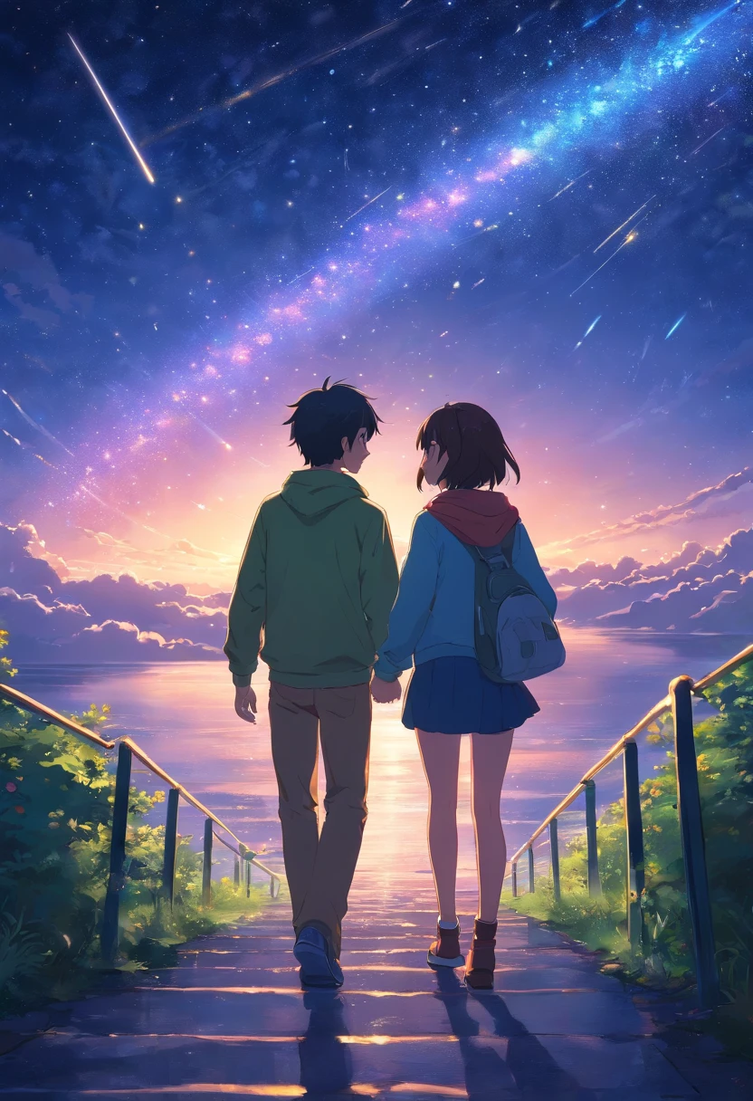 a couple,The entire starry sky of the galaxy,Magnificent,Twinkling starlight,Boundless,Fantastic sight,meteor shower
