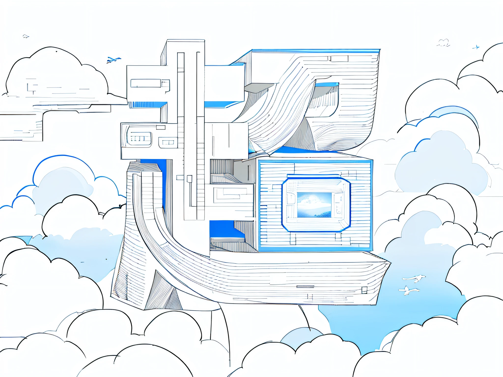 The city of the future、droid、Clouds、Connect to the city network、tall house、blue-sky、afofuturism,White background, Mono Color, Line drawings, ((Sketch))