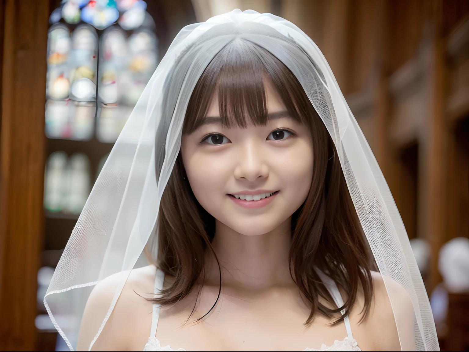 ((masterpiece))、((ultra-quality))、Mona、((is standing))、weddingdress、veils、Church interior、:で、red blush、ighly detailed、An 18-year-old woman、Happy smile、Looking at the camera、Close to face、
((top-quality、8K、masterpiece:1.3))、foco nítido:1.2、Highly detailed facial and skin texture、 A detailed eye、二重まぶた、great laughter