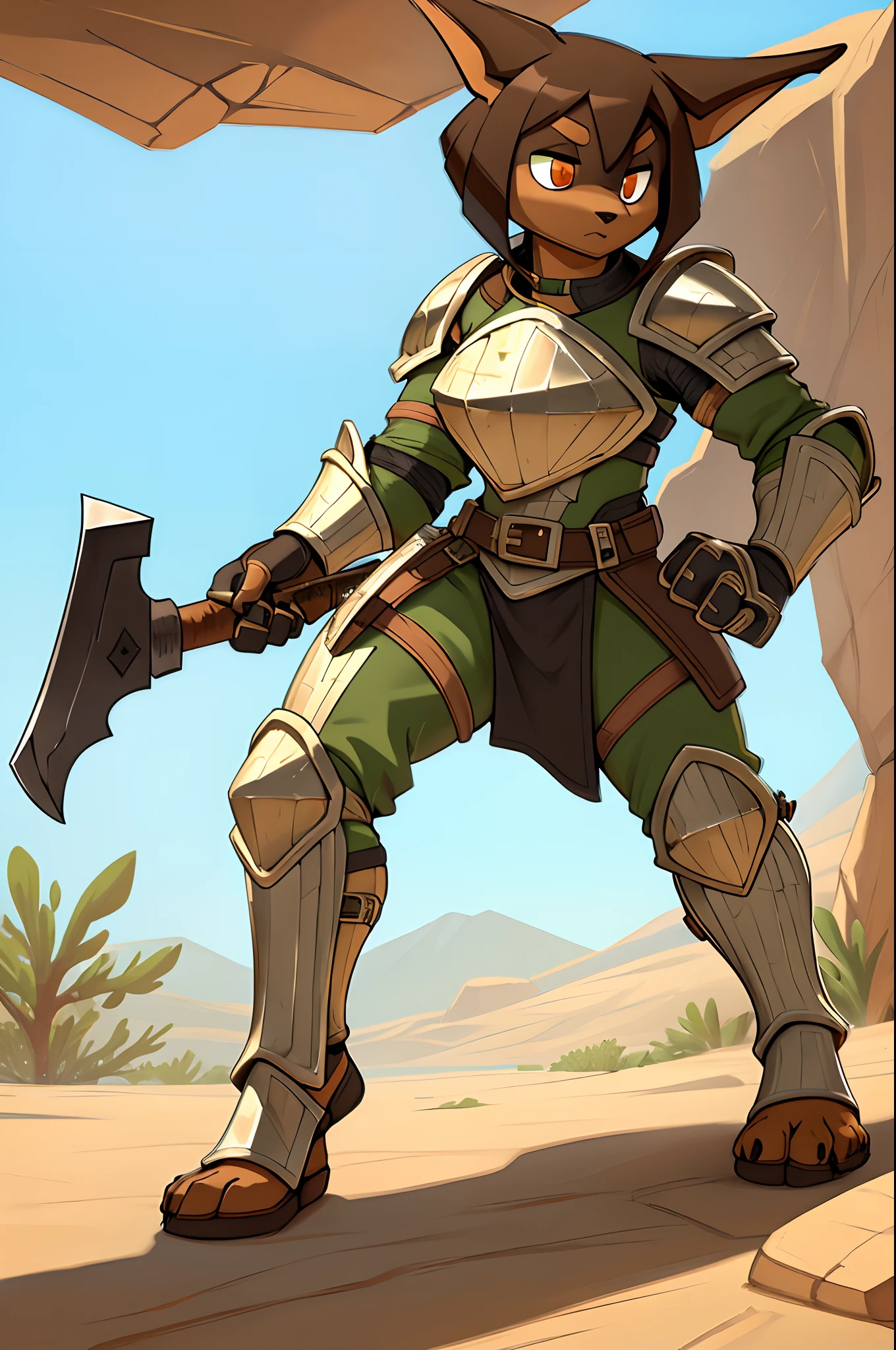 (masterpiece, best quality), outdoors, lush desert, water, full body, 1girl, solo, RoryCeehaz, RoryArmor, green, gloves, black gloves, shoulder armor, breastplate, expressionless, furry, muscular, fighting stance, holding axe, holding weapon