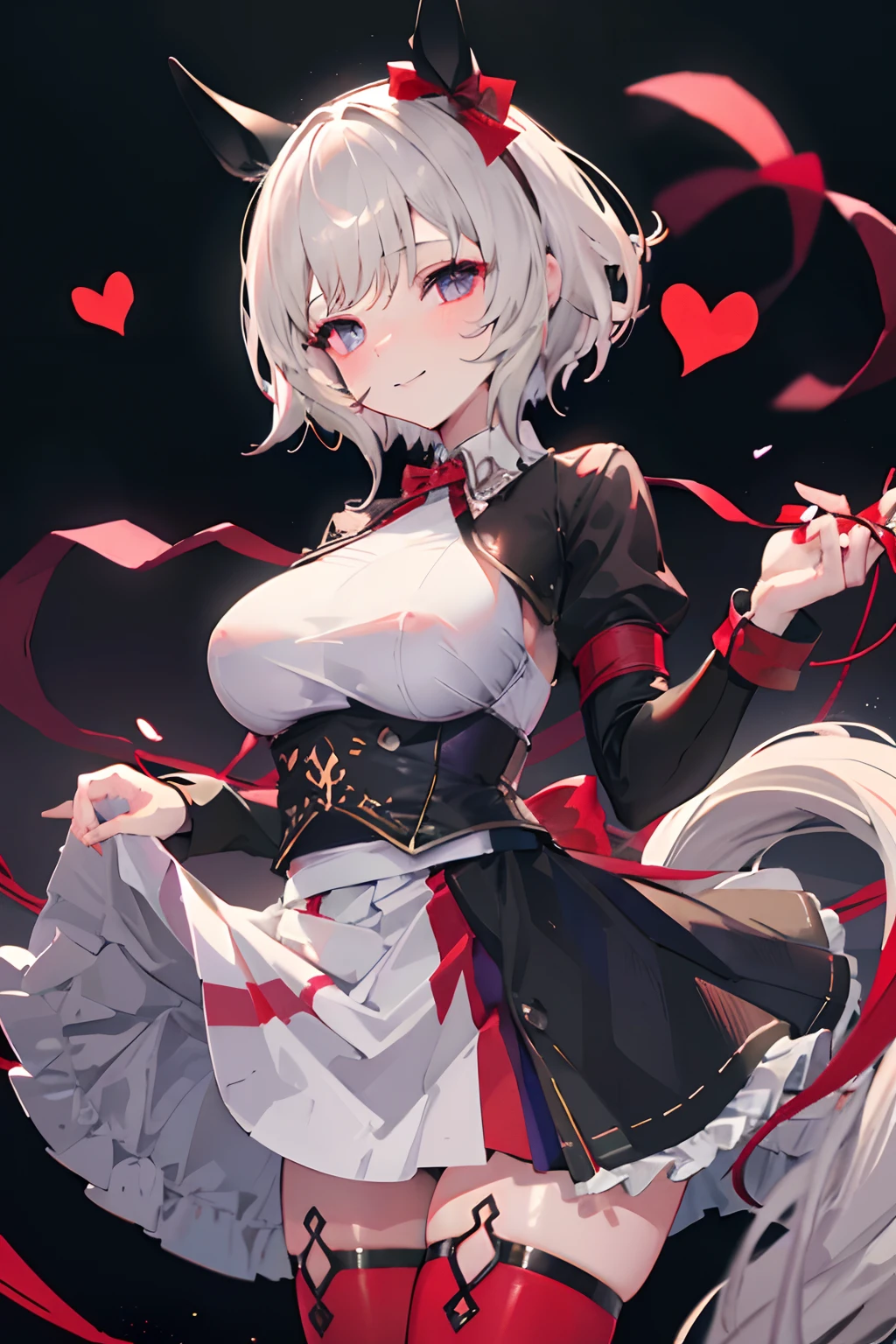 NSFW,show off nipple,Uma Musume,CurrenChan,Beautiful breasts,tucking up the skirt,lift skirt myself,floating,Red ribbon on left ear,short hair of cream color,Whip thighs,Evil smile,Red tights,heart mark,Top image quality,masutepiece,Best Quality