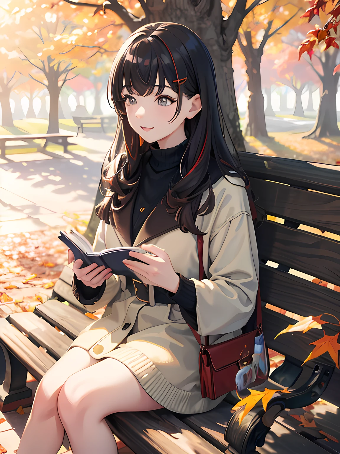 Bright background, sitting on a bench, reading a book, surrounded by colorful autumn leaves, sunlight filtering through the trees, peaceful atmosphere, detailed facial features, vibrant colors, realistic and high resolution (best quality, 4k, 8k, highres, masterpiece:1.2), soft and warm lighting.