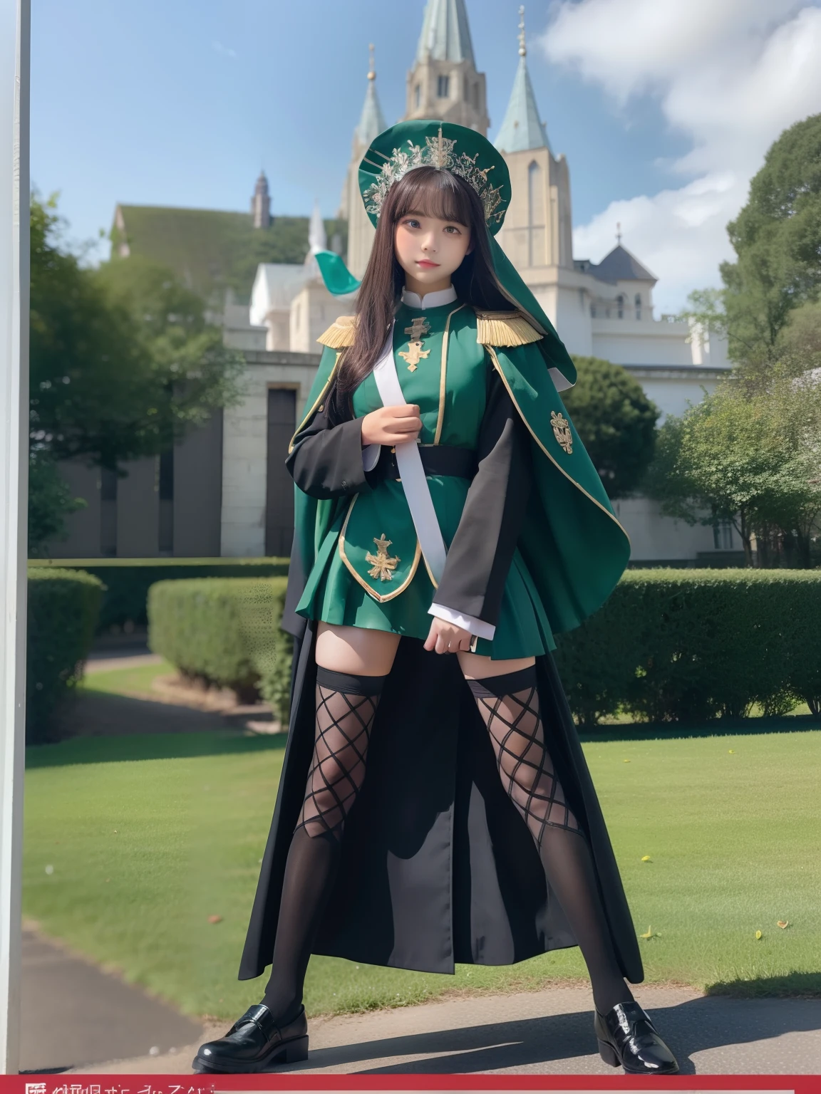 Young woman in mini priest uniform、Head dress、Long body、puff sleeves、Colored tights、Emerald green decoration、Priest's hat