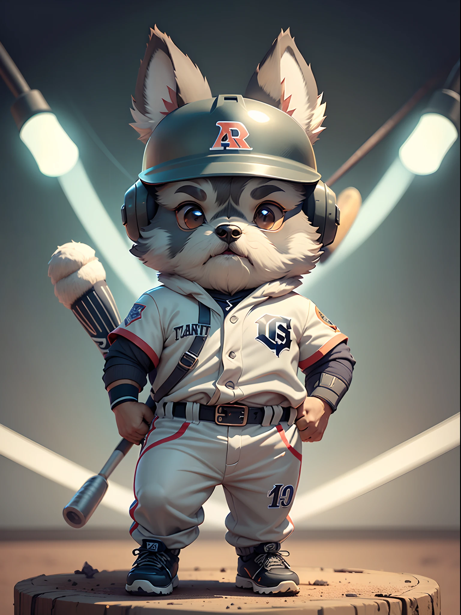 c4tt4stic, Baseball player cartoon miniature schnauzer dog wearing helmet and uniform swinging bat(Body hair is light grey、Mini Schnauzer exterior detail、Ears drooping)