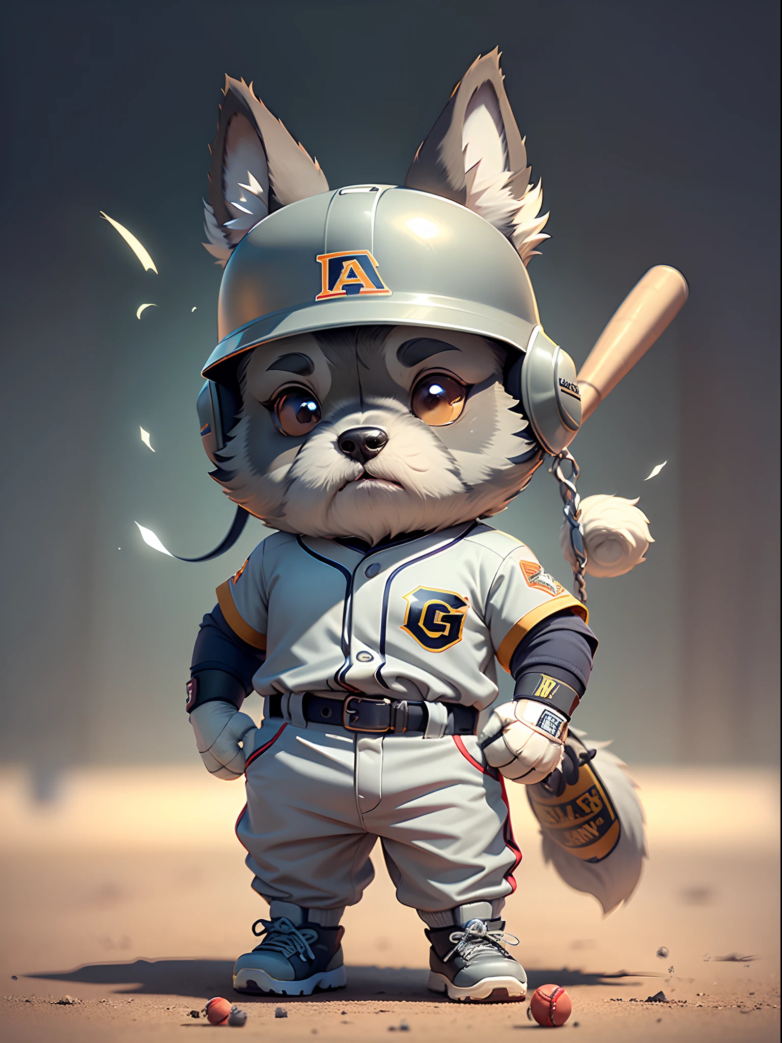 c4tt4stic, Baseball player cartoon miniature schnauzer dog wearing helmet and uniform swinging bat(Body hair is light grey、Mini Schnauzer exterior detail、Ears drooping)
