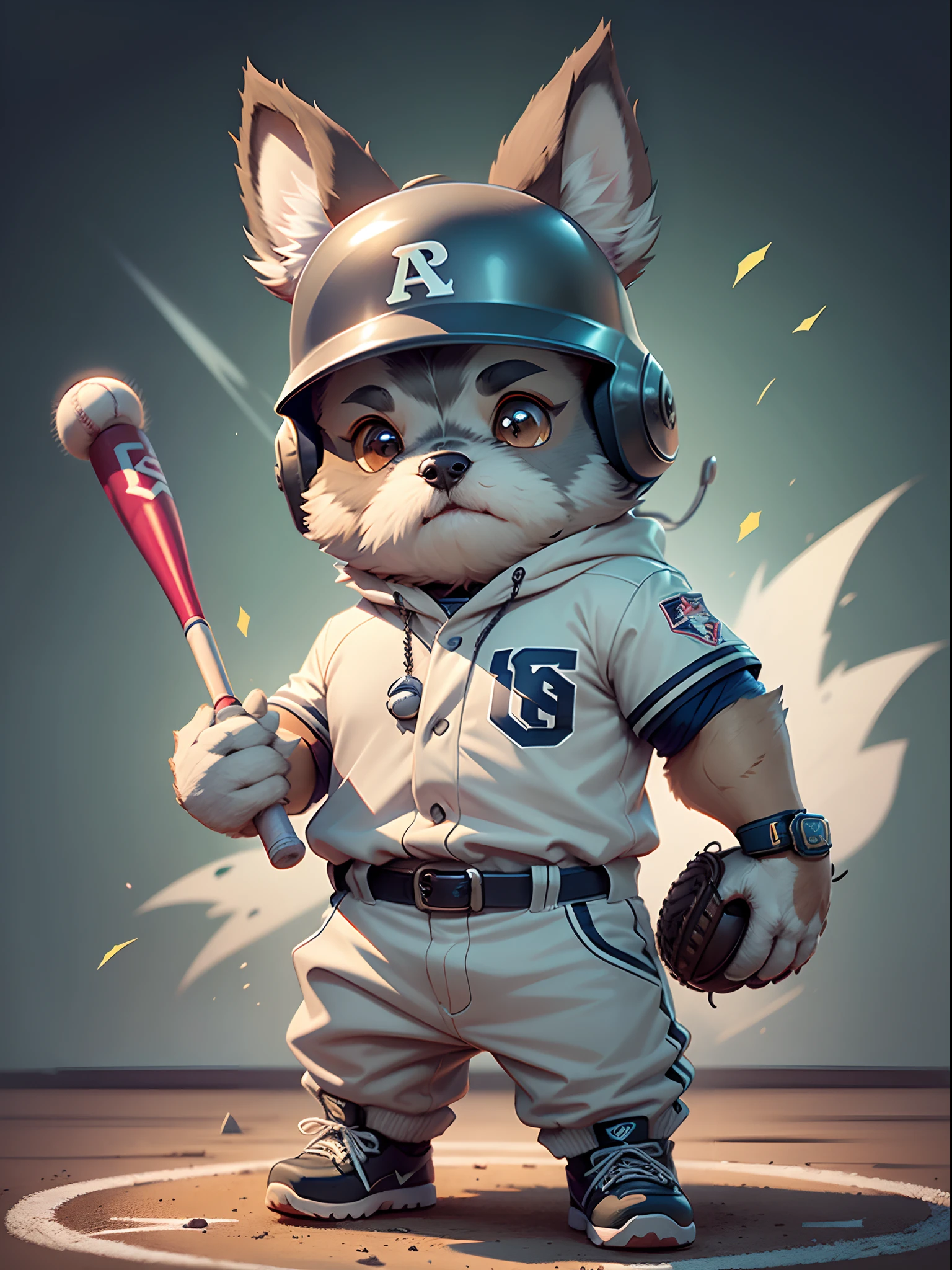 c4tt4stic, Baseball player cartoon miniature schnauzer dog wearing helmet and uniform swinging bat（Body hair is light grey、Mini Schnauzer exterior detail、Ears drooping）