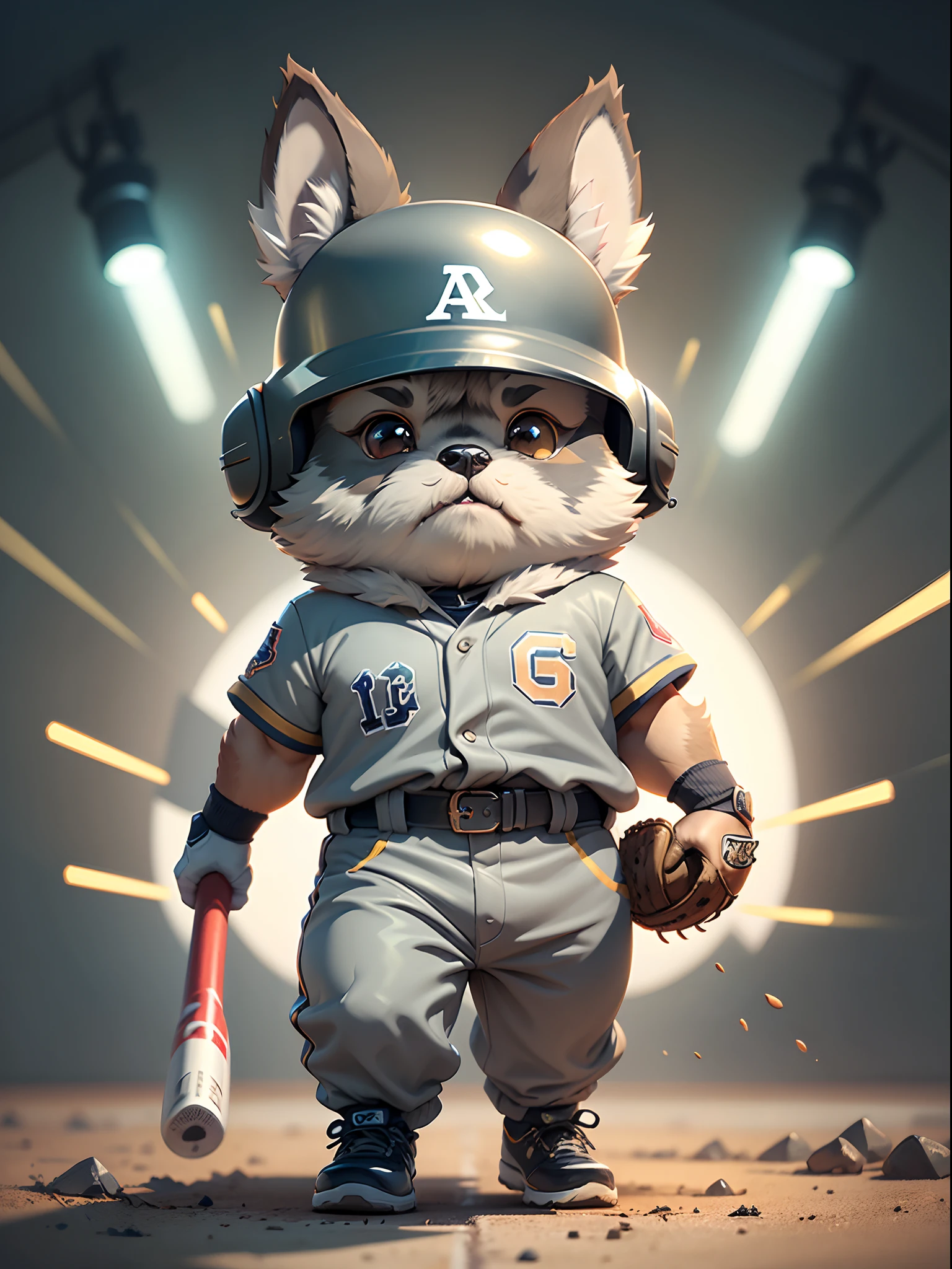 c4tt4stic, Baseball player cartoon miniature schnauzer dog wearing helmet and uniform swinging bat(Body hair is light grey、Mini Schnauzer exterior detail、Ears drooping)
