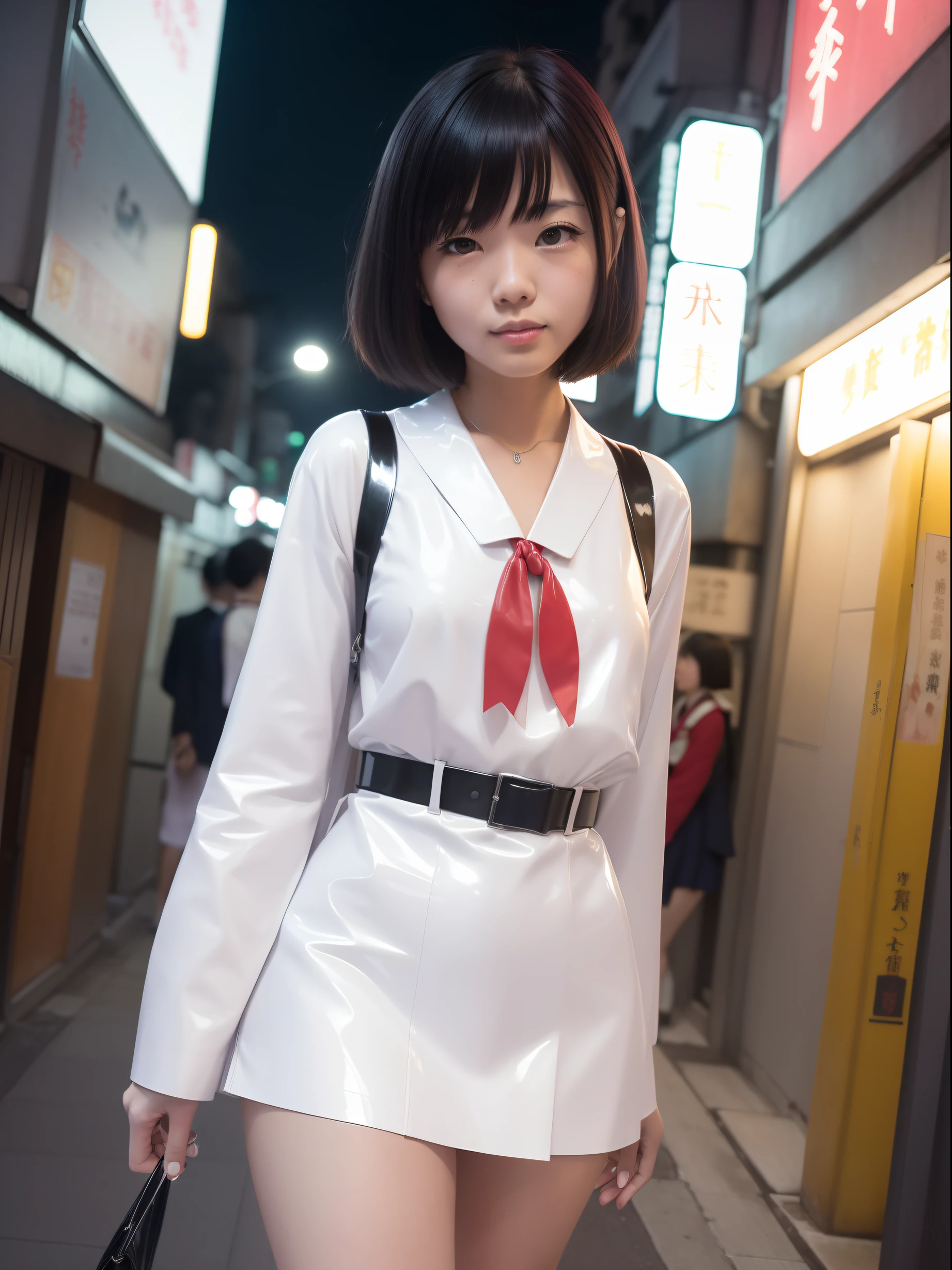 masutepiece,A hyper-realistic,32K,the Extremely Detailed CG Unity 8K Wallpapers, Best Quality,1 Beautiful Japan Woman,(Japan Latex Schoolgirl, Japan school uniform,Japanese student uniform,japanese sailor suits,Seifuku,Large Latex Sailor Color:1.3,((Large Latex Sailor Ribbon: 1.2)),Cowboy Shot, Street, hong kong street, (Film grain:1.2), (Film Overlay:1.3), Night,Smile,Bob Cut Hair,