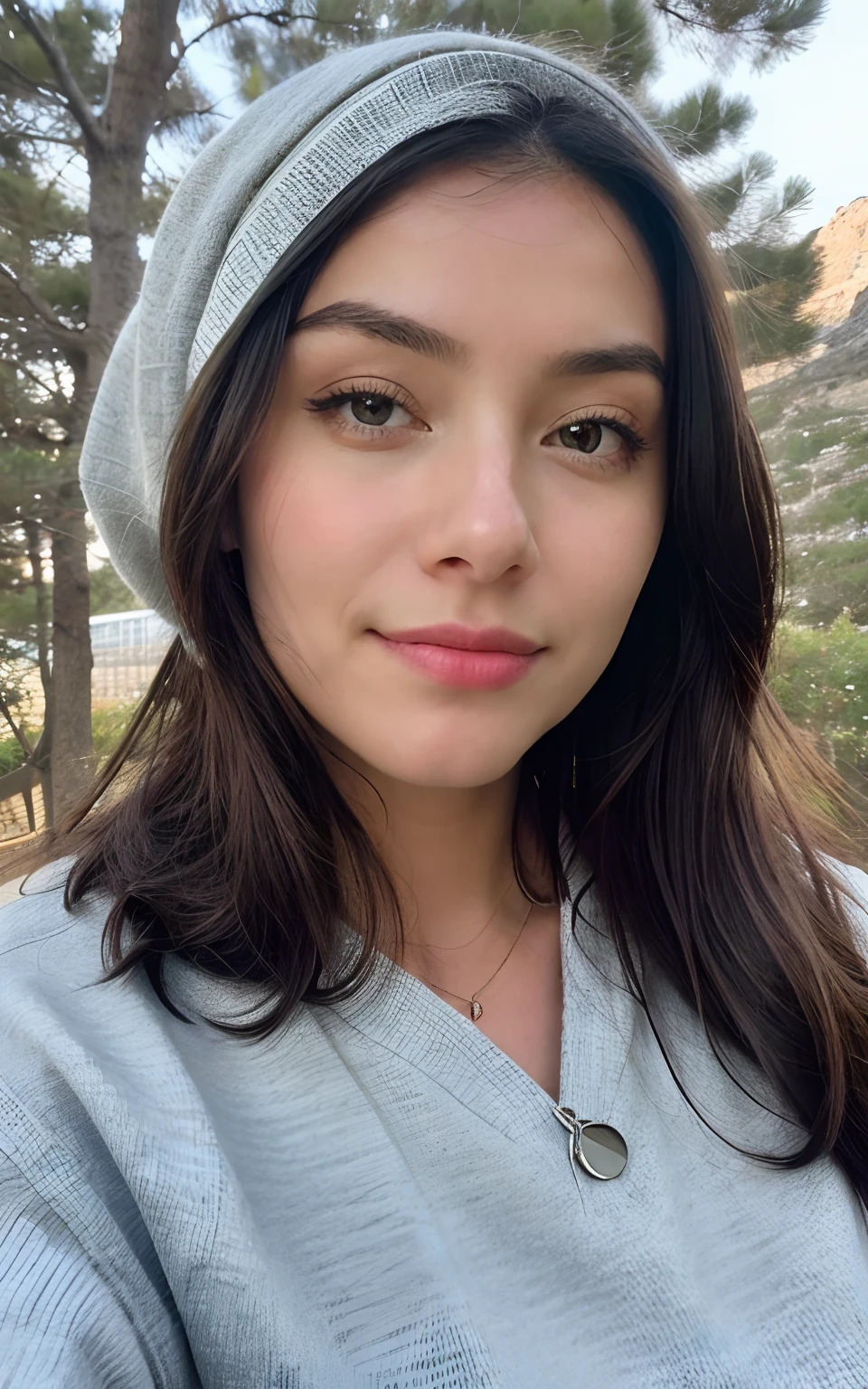 Fotorrealista, Best quality, ultra - detailed, Beautiful woman, Photo selfie, The upper part of the body, soio, wearing pullover, exteriors, (natta), mont, Nature in real life, As estrelas, ....Lua, (cheerful, cheerfulness), sleeping bag, Gift, Sweater, bonnet, lanterns, On The Home, The tree, Smoke billowed out, mistborn, Clear sky, analogue style, looki at viewer, skin texture, Film Particle, close up, 超高分辨率, Best shade, ...primitive, Instagram LUT