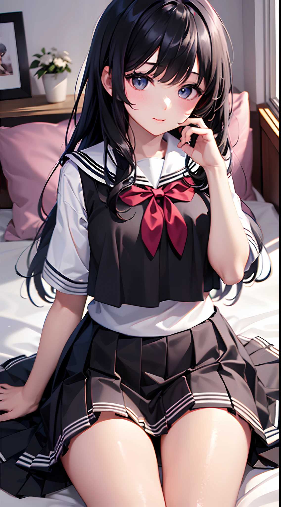 Anime girl sitting on bed in short skirt and white shirt, Kantai collection style, Beautiful Anime High School Girls, anime visual of a cute girl, anime moe art style, Yandere. Tall, Anime girl wearing black dress, from girls frontline, Marin Kitagawa fanart, ilya kuvshinov with long hair, hanayamata, JK school uniform