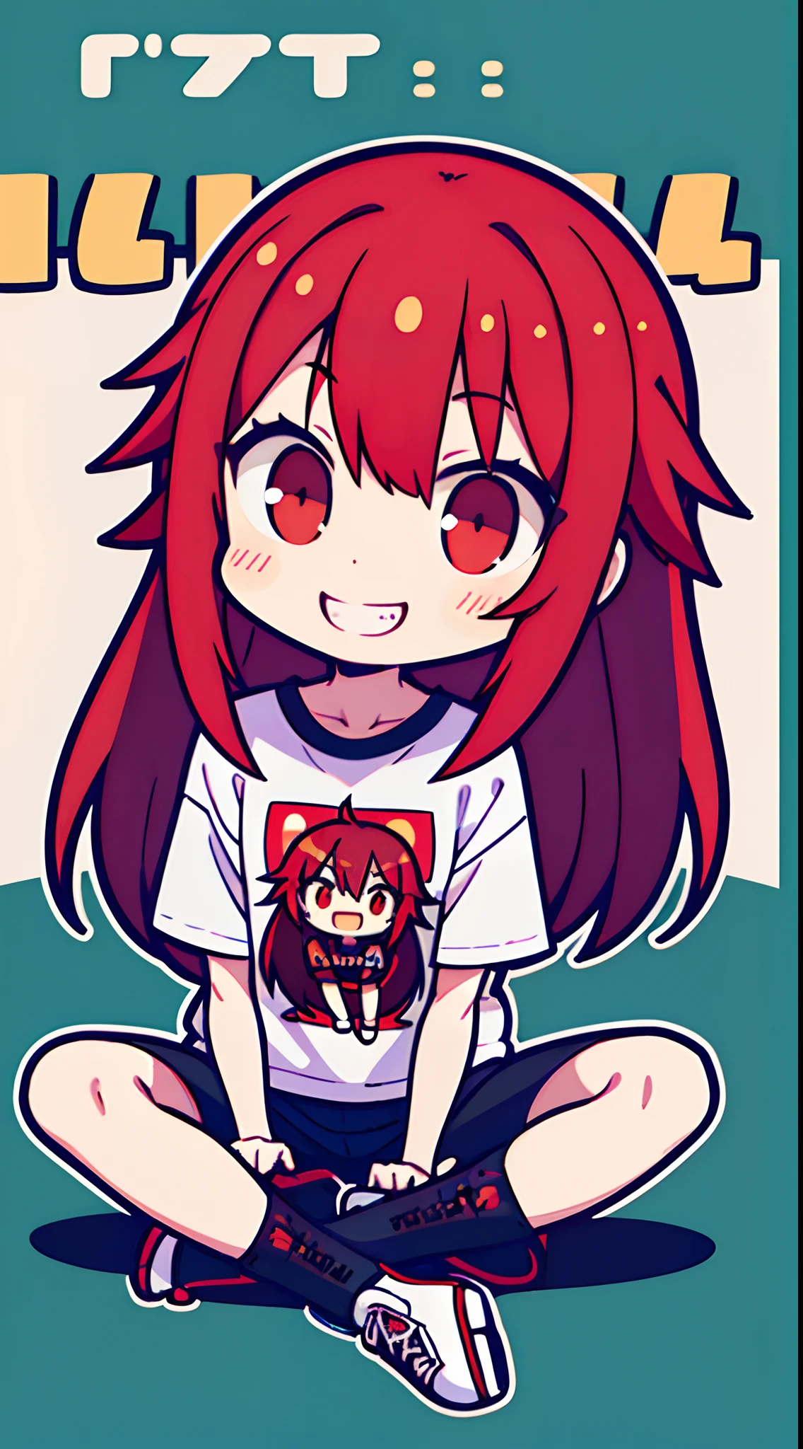 (Best Quality,4K,High resolution), girl with, Red mesh hair on black hair, Long hair, Straight hair, , Comical appearance,A smile,Smile,comic strip,animesque,Comical illustration,Sitting wildly,oversize tshirt,shortpants,busy,Deformed cute illustration,Compact size,Small body