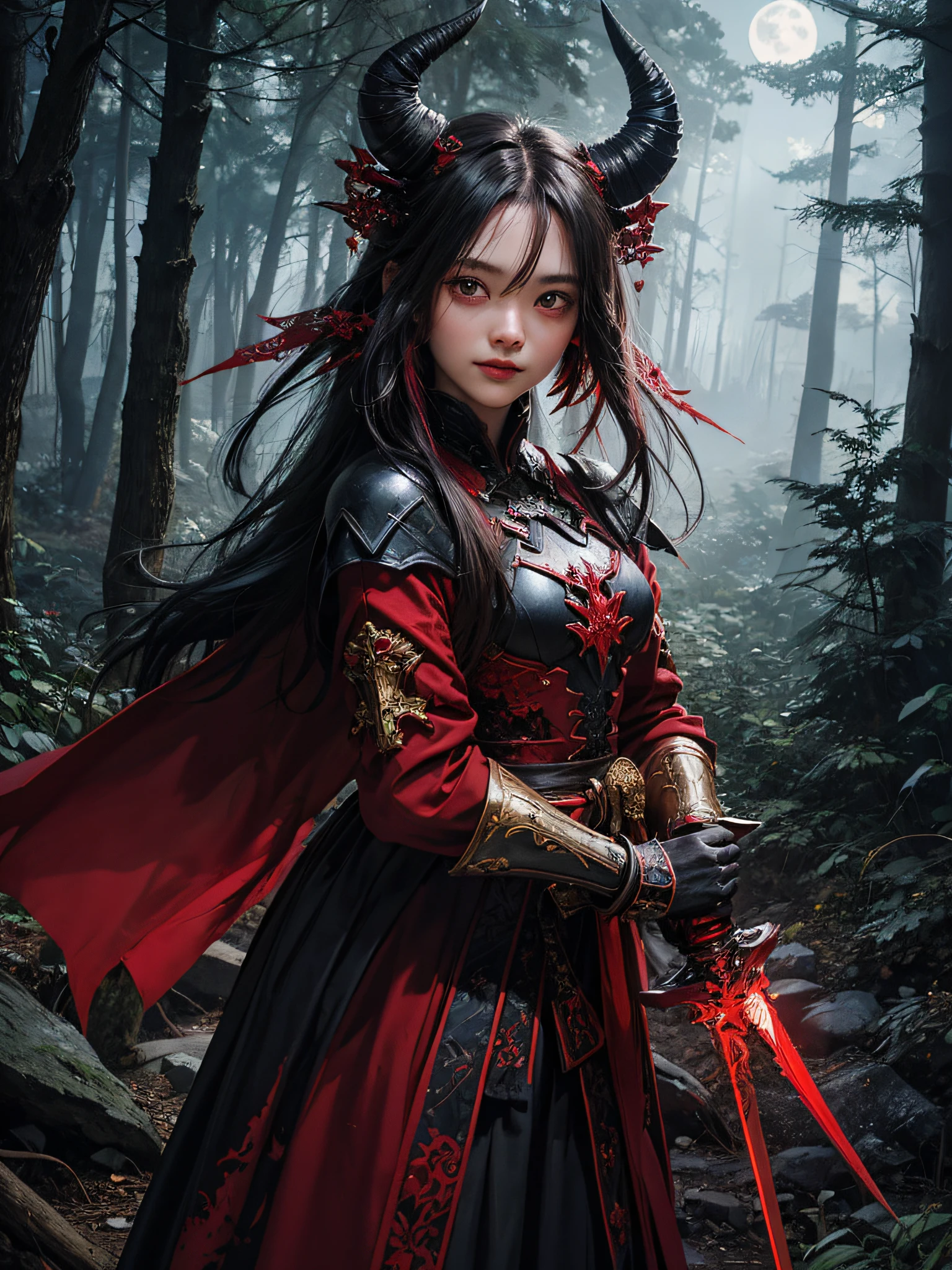 Black Knight,red eyes,black long hair,white skin,,crimson sword,holding a big ax big ax in both hands,dark background,red giant moon,black clothes with red,both hands have sword,thick clothes,thick fabric,pretty girl,cute girl,in the dark forest,Japanese demon girl,devil's weapon,demon horn,small breasts,smile,ruddy skin,in he forest,forest,red forest