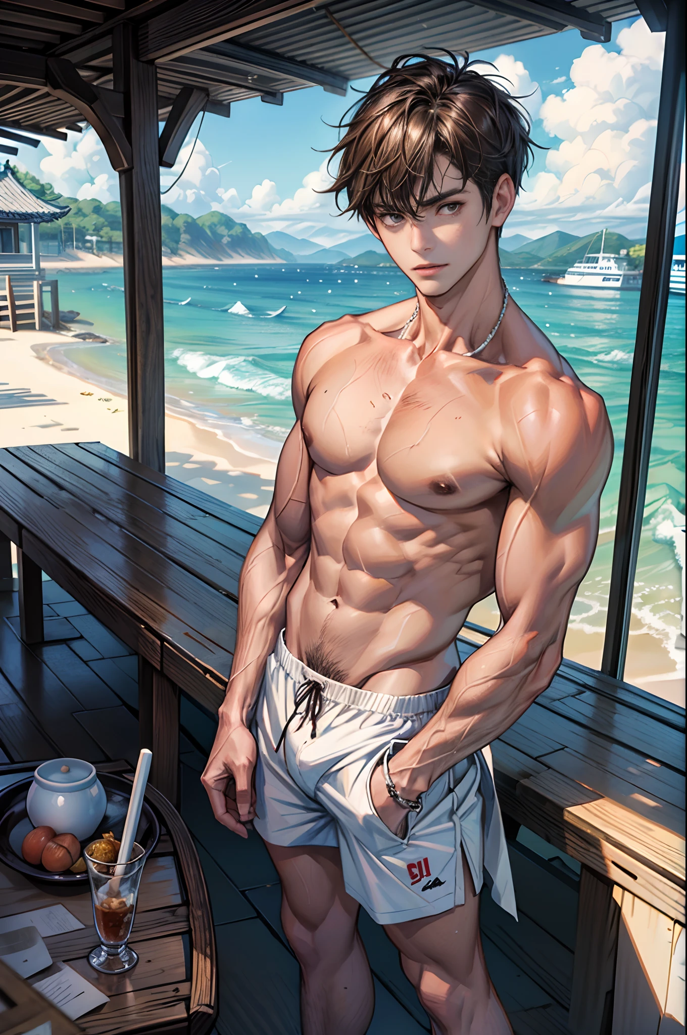 (tmasterpiece,超高分辨率,16k UHD,high qulity),low tune,lifeguard,Seaside, (Standing in an ice shop by the sea), standing on your feet,full bodyesbian,looking at viewert,Shirtless, swimming trunks,tmasterpiece,On a wooden platform by the sea,sitted,(brown hair),(Comb short hair), Black eyes,(roast), ssmile, (White clip foot dragging), Seoul, (dregs:1.5),(small heads),Precise anatomy,Precise hand structure,white swim trunk,Unity 16K wallpaper,concept-art,One guy,8K eyes,sand beach,bench,(((Mature male))),((largeeyes:1.3)),(short detailed hair),((1 American Bizo)),swim trunks,(photorealiscic face:1.8),broad shoulder,slips,(full bodyesbian:1.8),Male 28,