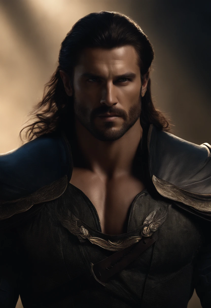 1homme, reference sheet, Tenue assortie, (Conception de personnages fantastiques, devant, back, Sides, Gauche, Droite, en haut, en bas) Alaric. tall and muscular, Rugged appearance showcasing his life as a seasoned warrior. Dark blue eyes piercing tanned skin. long, dark brown hair