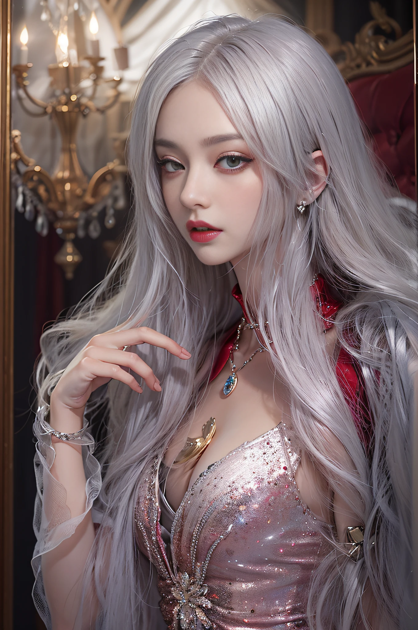 High-definition photo，Photorealistic，Ultra-high resolution large files，8K premium wallpaper，10x pixels，CG wallpaper with clear and realistic details，Top female portraits，Ultra-fine，Ultra-fine details：1.1，Advanced technical details：1.1，dynamicposes，Vampire Woman，Beautiful sexy woman，A sexy mature woman，Royal sister style，Mixed-race females，Long white and silver hair，He has long white and silver hair，Clear and realistic hair，Clear strands of hair，Delicate eyelash makeup，Very careful eyes and face，Beautiful fine eyes，tthin eyebrows，Super detailed eyes，Beautiful sexy big red lips，Mature face，Delicate facial makeup，Careful facial works，, Pretty face, A perfectly proportioned face,（Advanced facial details：1.1）Perfect body shape，Perfect body ratio，Bumpy figure，mannequin，A collection of shiny liquid red luxury dresses，Bright red sequined dress，Bright red sequined coat，Shiny，Tight long skirt，Summer sexy hips wrapped in fishtail sleeveless commute Maxi，Horse socks 100%Oil pastel tray gloss silk gloss 8D black silk woman，Stiletto heels，mitts，Beautiful long dress，wonderful dress，Bright red series，A collection of haute couture dresses，Dress photography，Authentic dress pieces，Slim，sexy for，jewelry，choker necklace，耳Nipple Ring，Bracelet，indoor background，In the banquet hall，Women's artwork，full-body view，Goddess of dress，真实感，Amazing (aegyo sal:1)（Korean idol-face）Mature Woman Photography Work，Bright red series，Bright red satin dress，Real Photographics，True and clear，Stylish artwork，Goddess of dress，Women's artwork，full-body view，Fantasyart，Fine top-of-the-line work，High-level detail works