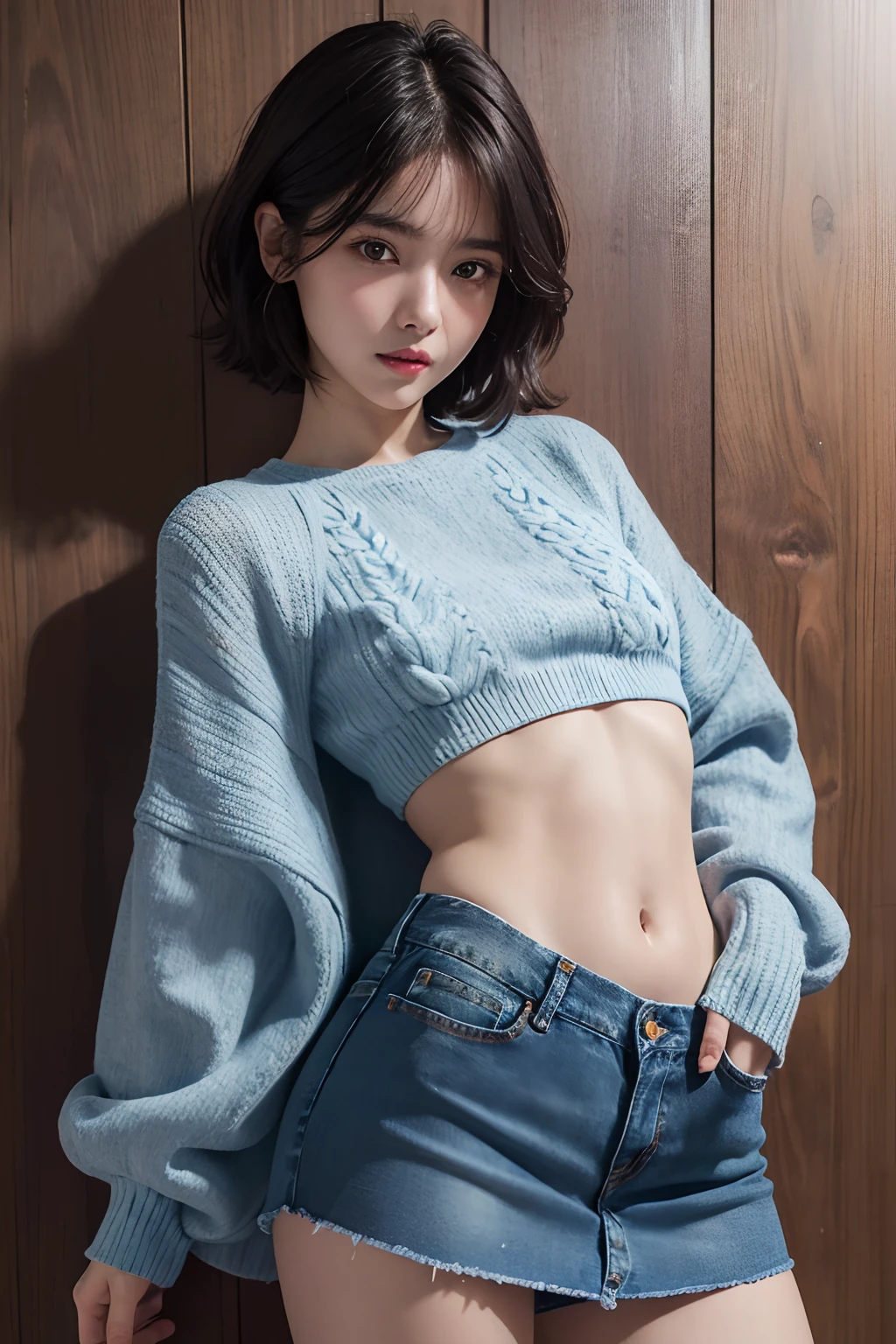 (masuter piece:1.3)、(8K、Photorealsitic、Raw photography、top-quality: 1.4)、(1girl in)、beautiful countenance、(Lifelike face)、(A dark-haired、short-hair:1.3)、Beautiful hairstyle、realisticeyes、Beautiful details、(real looking skin)、Beautiful skins、absurderes、enticing、超A high resolution、A hyper-realistic、high-detail、the golden ratio、((wide open abdomen))、((open abdomen))、((wide open navel))、((open navel))、((Mid-Riff Sweater))、((Ultra-low rise、Denim Mini Skirt))、、((Navel Ejection))、((Full body depiction))、((A slender))、((small hips))、(Ultra-low rise))、((Denim Mini Skirt))、((is standing))、