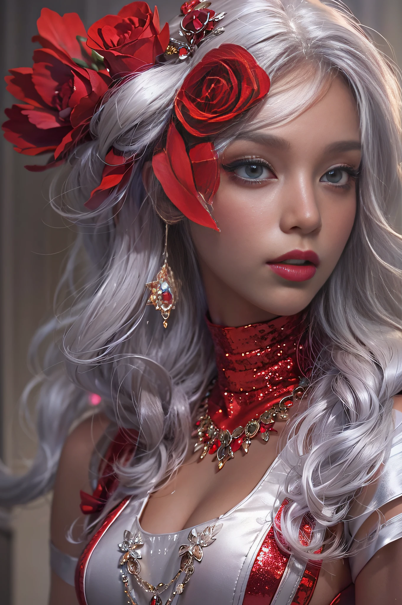 High-definition photo，Photorealistic，Ultra-high resolution large files，8K premium wallpaper，10x pixels，CG wallpaper with clear and realistic details，Top female portraits，Ultra-fine，Ultra-fine details：1.1，Advanced technical details：1.1，dynamicposes，Vampire Woman，Beautiful sexy woman，A sexy mature woman，Royal sister style，Mixed-race females，Long white and silver hair，He has long white and silver hair，Clear and realistic hair，Clear strands of hair，Delicate eyelash makeup，Very careful eyes and face，Beautiful fine eyes，tthin eyebrows，Super detailed eyes，Beautiful sexy big red lips，Mature face，Delicate facial makeup，Careful facial works，, Pretty face, A perfectly proportioned face,（Advanced facial details：1.1）Perfect body shape，Perfect body ratio，Bumpy figure，mannequin，A collection of shiny liquid red luxury dresses，Bright red sequined dress，Bright red sequined coat，Shiny，Tight long skirt，Summer sexy hips wrapped in fishtail sleeveless commute Maxi，Horse socks 100%Oil pastel tray gloss silk gloss 8D black silk woman，Stiletto heels，mitts，Beautiful long dress，wonderful dress，Bright red series，A collection of haute couture dresses，Dress photography，Authentic dress pieces，Slim，sexy for，jewelry，choker necklace，耳Nipple Ring，Bracelet，indoor background，In the banquet hall，Women's artwork，full-body view，Goddess of dress，真实感，Amazing (aegyo sal:1)（Korean idol-face）Mature Woman Photography Work，Bright red series，Bright red satin dress，Real Photographics，True and clear，Stylish artwork，Goddess of dress，Women's artwork，full-body view，Fantasyart，Fine top-of-the-line work，High-level detail works