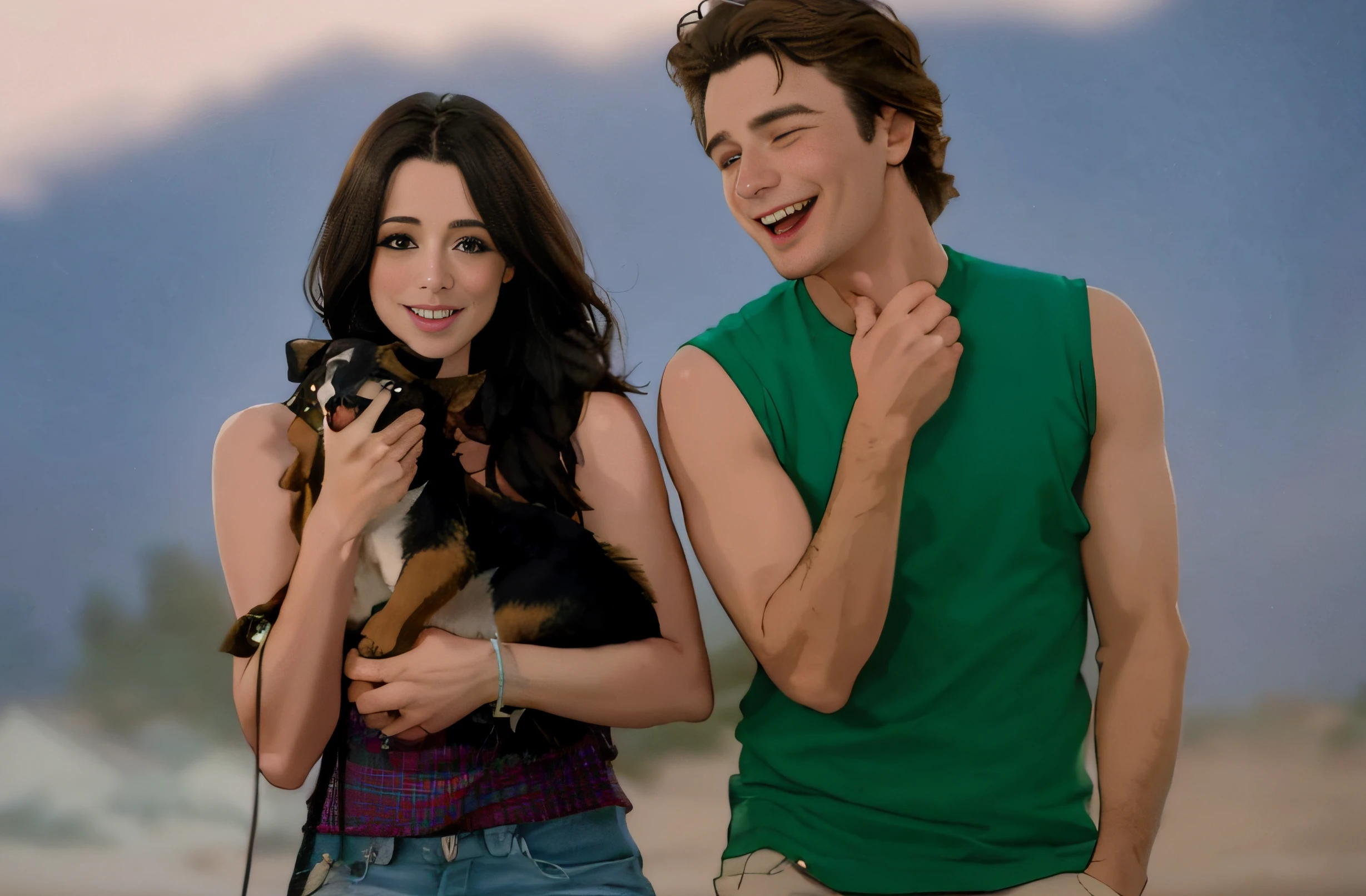 they are two people holding a dog and smiling for the camera, high quality film still, screenshot from a movie, wonderful scene, high quality movie still, scene from live action movie, very realistic film still, still from a live action movie, still from the movie, award winning movie still, summer evening, realistic movie still, shot from movie, hollywood movie still
