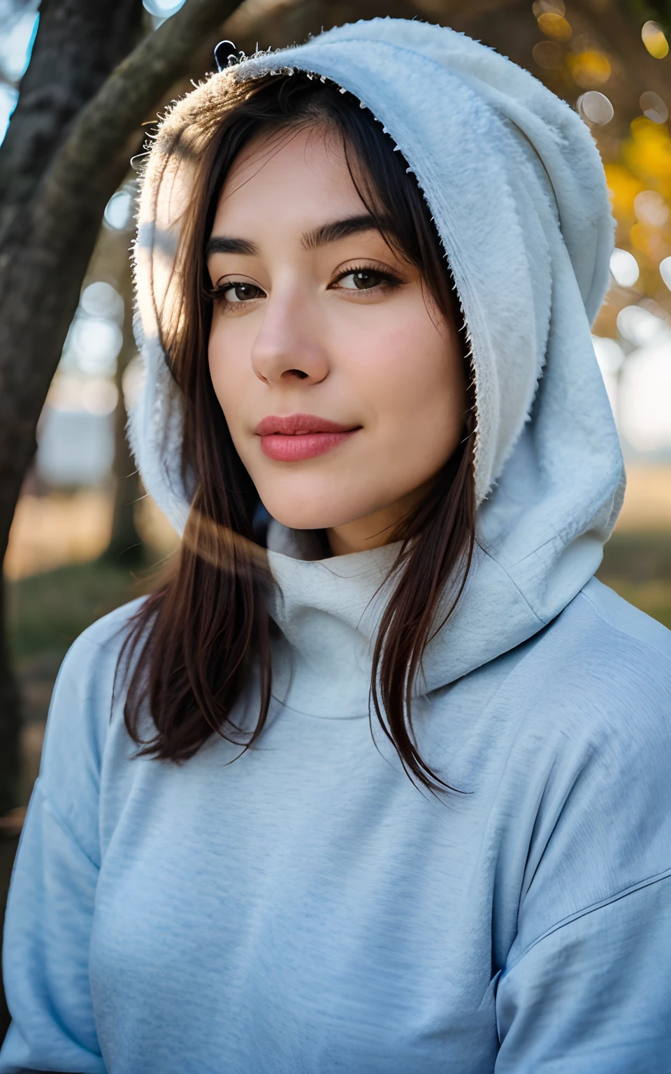 Fotorrealista, Best quality, ultra - detailed, Beautiful woman, Photo selfie, The upper part of the body, soio, wearing pullover, exteriors, (natta), mont, Nature in real life, As estrelas, ....Lua, (cheerful, cheerfulness), sleeping bag, Gift, Sweater, bonnet, lanterns, On The Home, The tree, Smoke billowed out, mistborn, Clear sky, analogue style, looki at viewer, skin texture, Film Particle, close up, 超高分辨率, Best shade, ...primitive, Instagram LUT