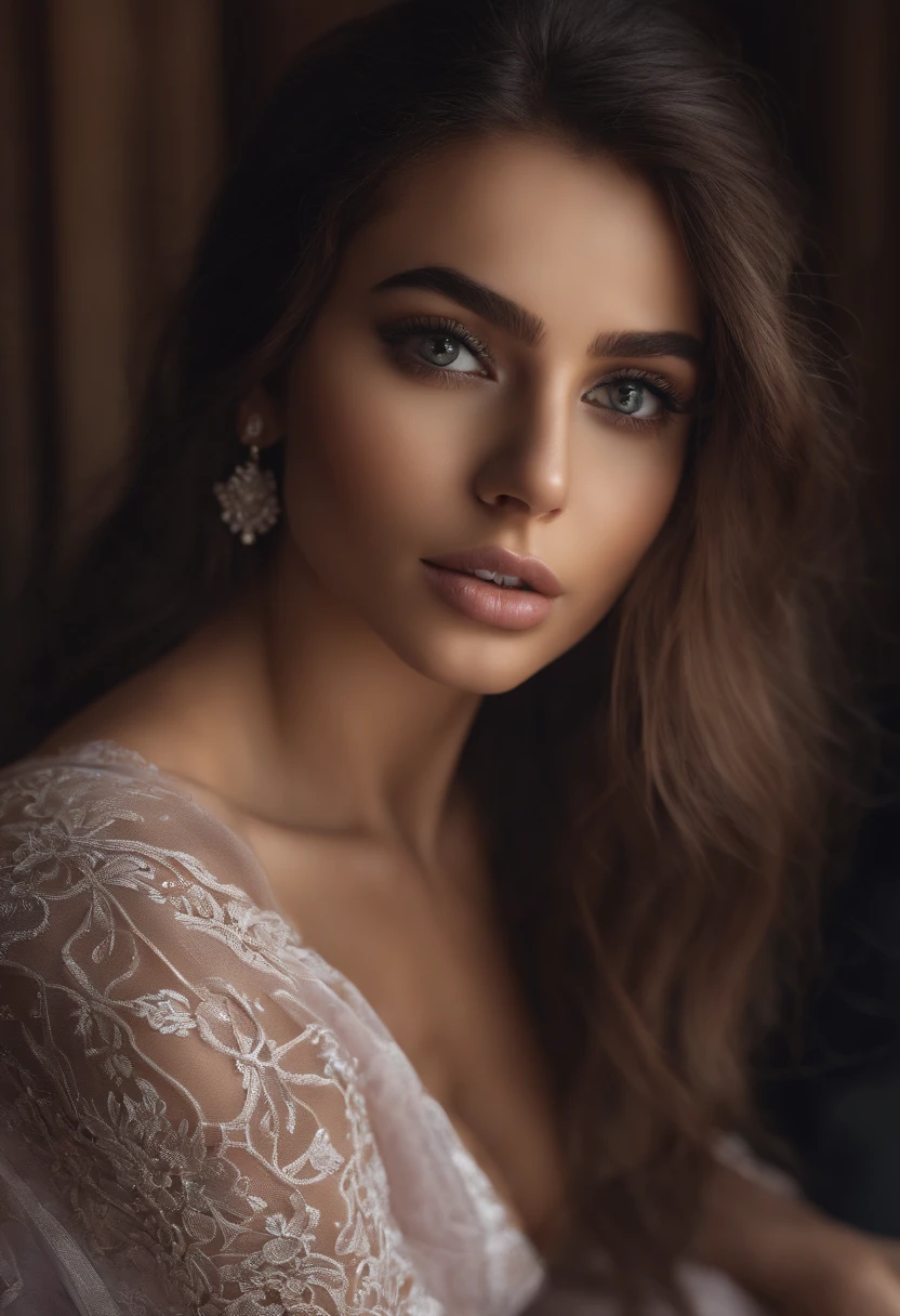 Arab woman completely , fille sexy aux yeux bruns, ultra realist, Meticulously detailed, Portrait Sophie Mudd, cheveux bruns et grands yeux, selfie of a young woman, Dubai Eyes, Violet Myers, sans maquillage, maquillage naturel, looking straight at camera, Visage avec Artgram, Maquillage subtil, Great photo of the whole body kneeling on the bed, dans la chambre, Medium to large bust