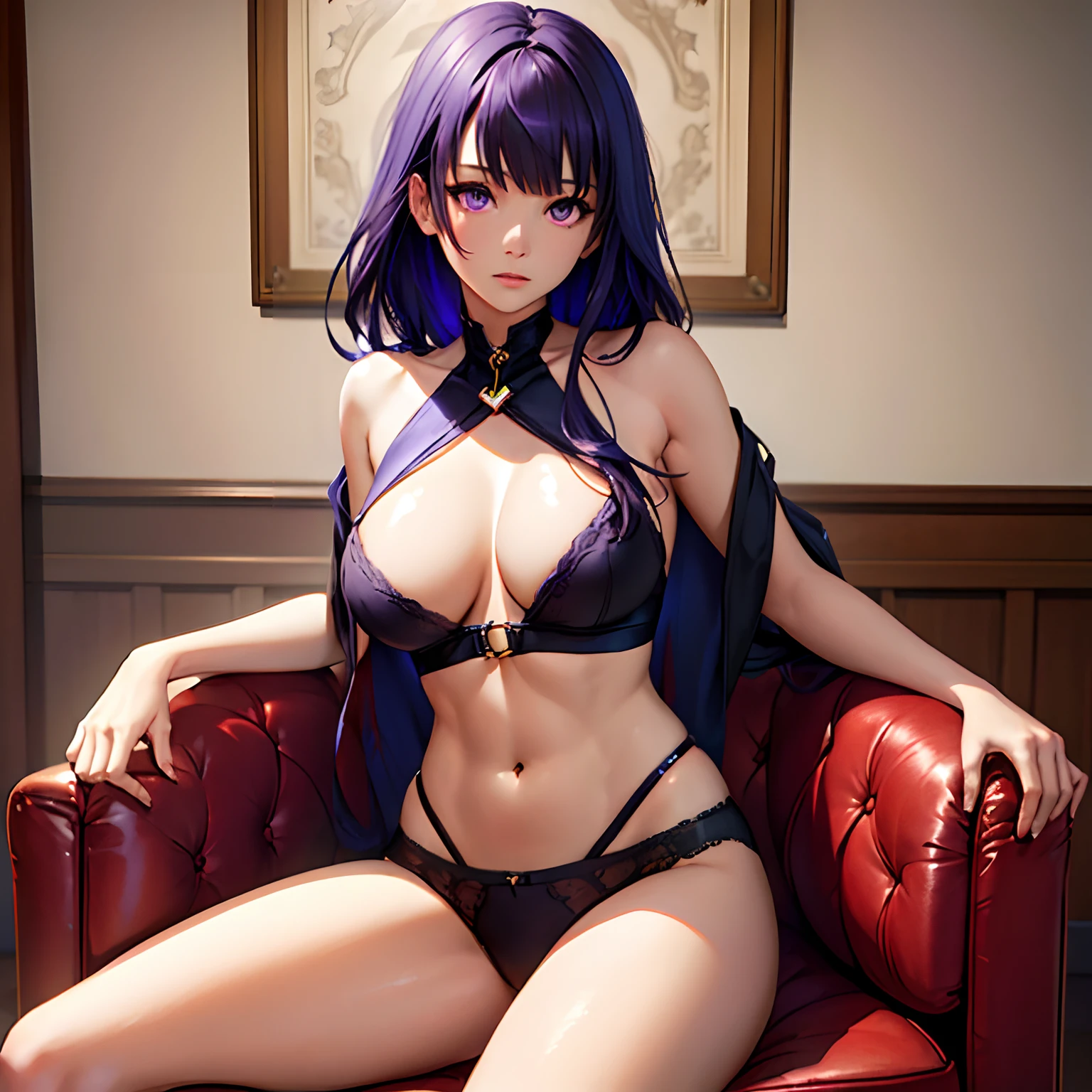 ((top quality, 8k, masterpiece: 1.3, ultra hd, high quality, best quality, high definition, realism)), sharp focus: 1.5, Beautiful woman with a muscular body, Beautiful purple eyes, Sharp eyes, Cruel face, thin face, soft shiny purple hair, big tits, The shape of the nipple is clearly visible, Abs, Arm muscle, Sexy and seductive pose On Chair, thighs wide open, pubic hair