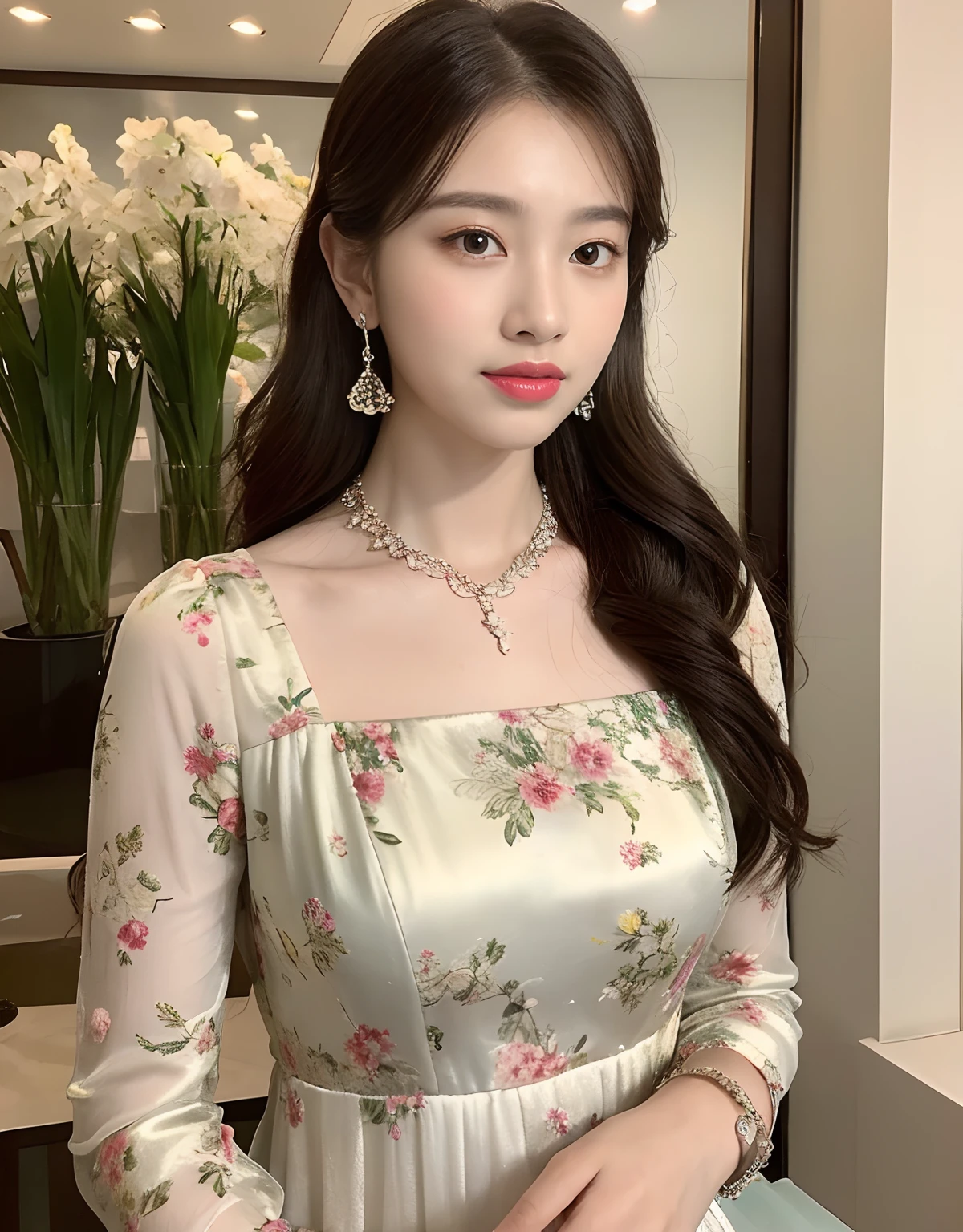 8K, masutepiece, Best Quality, Realistic,Portrait of beautiful young woman in floral dress, Pair with a diamond necklace, earrings, and cuff bracelets