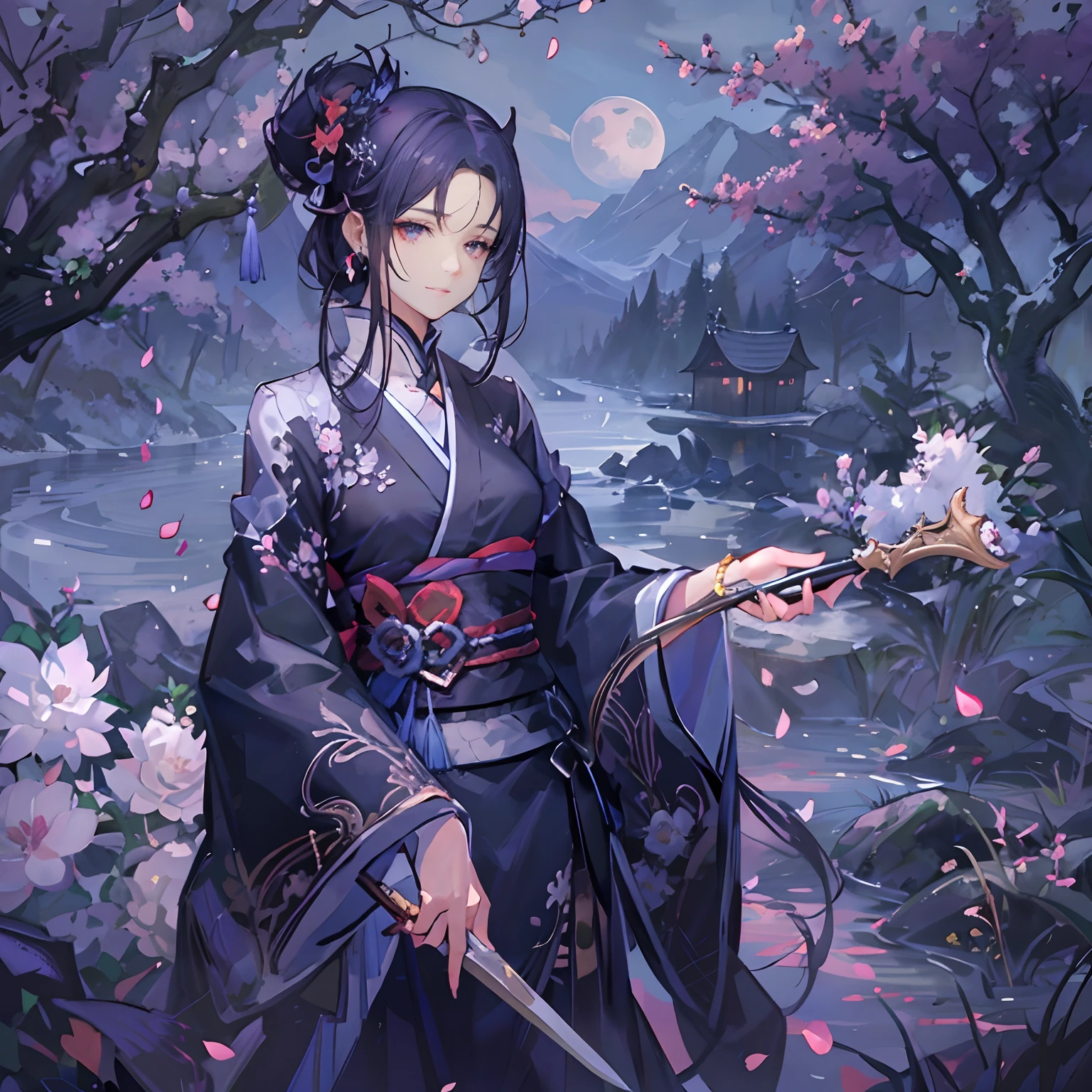 1.female pervert,独奏, Original Characters cherry trees Idade: Age28
height: 165 cm
physics: slender but muscular,,。Be flexible and fast。 •hair: long charcoal-colored hair、It is tied into a simple knot at the back.。
• Pupil of the eye: Deep Black。Have a keen eye、You can feel her presence in an instant.。
•features: high cheekbones and sharp jawline,,。There is a small scar on the right cheek、View past battles。
•attire: Kimono with purple pattern isolated on black background。Sleeves and hem are shortened for easy movement.。pure、Firmly fixed to the body with a purple band.。
•equipment: At his waist is a dagger with a black hilt and a blade.。He wears black tabi boots like a ninja on his feet..、Can move quietly。
•accessory: Small silver earrings in the ears。Purple cloth bangles with ancient coats of arms engraved on the arms。
• Characteristic behavior: When approaching the enemy、Or before the battle、She always closes her eyes for a moment and takes a deep breath。This is like a ritual to increase her concentration。
Moonlit Night、Old Castle Garden
Moonlight illuminates the night sky、Light shines on the old cobblestones.。There are many hydrangea and cherry trees in the garden.、Night breeze flowers々Shake gently。Lotus flowers floating quietly in the pond、The surface of the water is reflected in silver by the light of the moon.。
Behind、A huge old castle that has decayed with the passage of time rises。Its walls are intertwined with ivy、View of stone steps and balcony。Out of nowhere、I feel like I can hear flutes and drums。
The enemies Sakura fights are、Lord of this old castle。To solve past sins、Sakura visited this place。Alone in the shadow of the old castle、Another creep appears。The light of her dagger、Dancing among enemies in the moonlight。