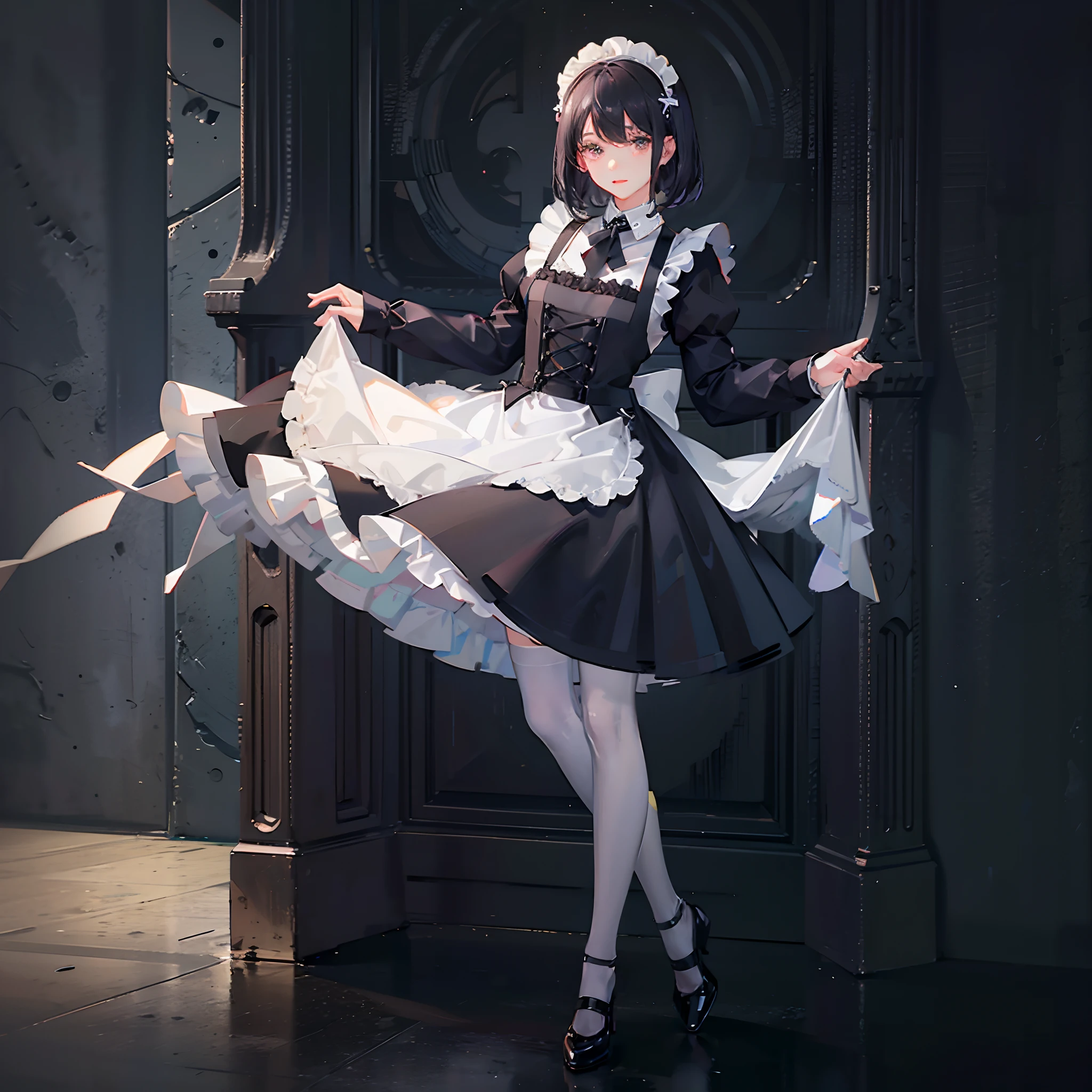 1girl, ((maid_dress)), (white apron, glossy black stockings, skirt lifting), ((standing on one foot))