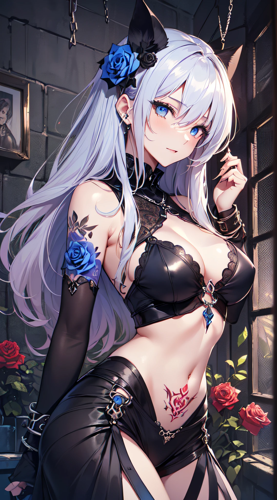 top-quality、Top image quality、masterpiece、girl with((18year old、dark outfit、prisoner、 Best Bust、Bust 85、a blond、Semi-long、Blue eyes、open chest wide、Valley、Happiness、A slender、Provocative behavior、Evil face、Handcuffed、High laughter、Skull Tattoo、Tattoo of roses、Targeting your audience、Blue rose hair fastening))hiquality、Beautiful Art、Background with((prison、Dark impression))、masutepiece、Elaborate design、visualart、dark art