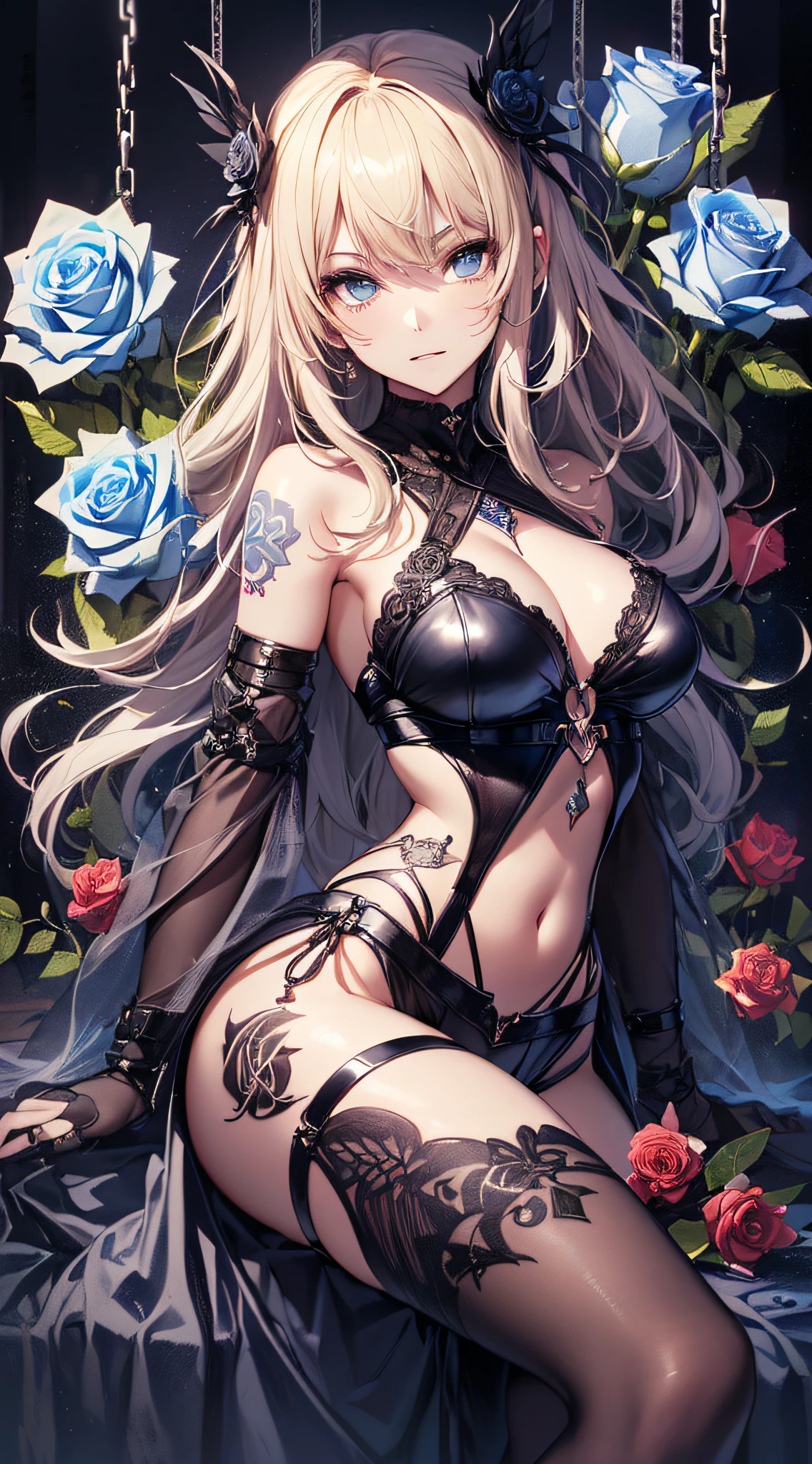 top-quality、Top image quality、masterpiece、girl with((18year old、dark outfit、prisoner、 Best Bust、Bust 85、a blond、Semi-long、Blue eyes、open chest wide、Valley、Happiness、A slender、Provocative behavior、Evil face、Handcuffed、High laughter、Skull Tattoo、Tattoo of roses、Targeting your audience、Blue rose hair fastening))hiquality、Beautiful Art、Background with((prison、Dark impression))、masutepiece、Elaborate design、visualart、dark art