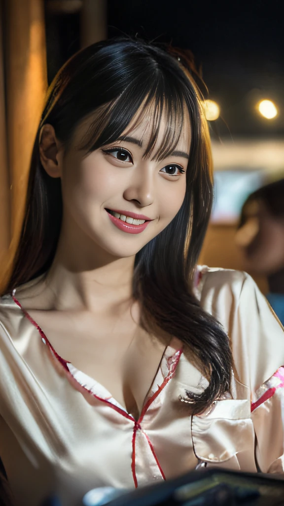 masutepiece, 8K, Best Quality, hight resolution, (photoreaslistic:1.2), 1girl, beautiful girl, (japanaese girl:1.25),(Upper body/side view/Detailed face/Adorable smile), (silk pyjama/watching TV/night) , Cinematic(20yr old) , (girlfriend)