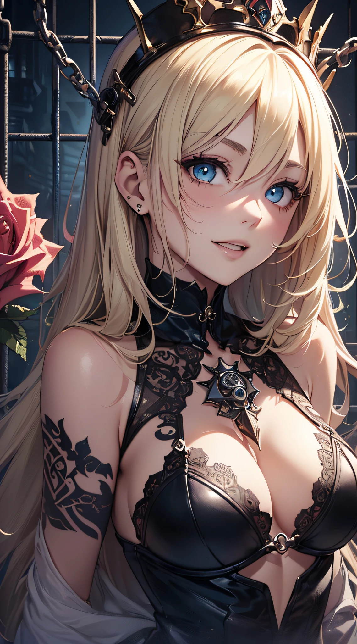 top-quality、Top image quality、masterpiece、girl with((18year old、A queen、dark outfit、prisoner、 Best Bust、Bust 85、a blond、Semi-long、Blue eyes、open chest wide、Valley、Happiness、A slender、Provocative behavior、Evil face、Handcuffed、High laughter、Skull Tattoo、Tattoo of roses、Targeting your audience))hiquality、Beautiful Art、Background with((prison、Dark impression))、masutepiece、Elaborate design、visualart