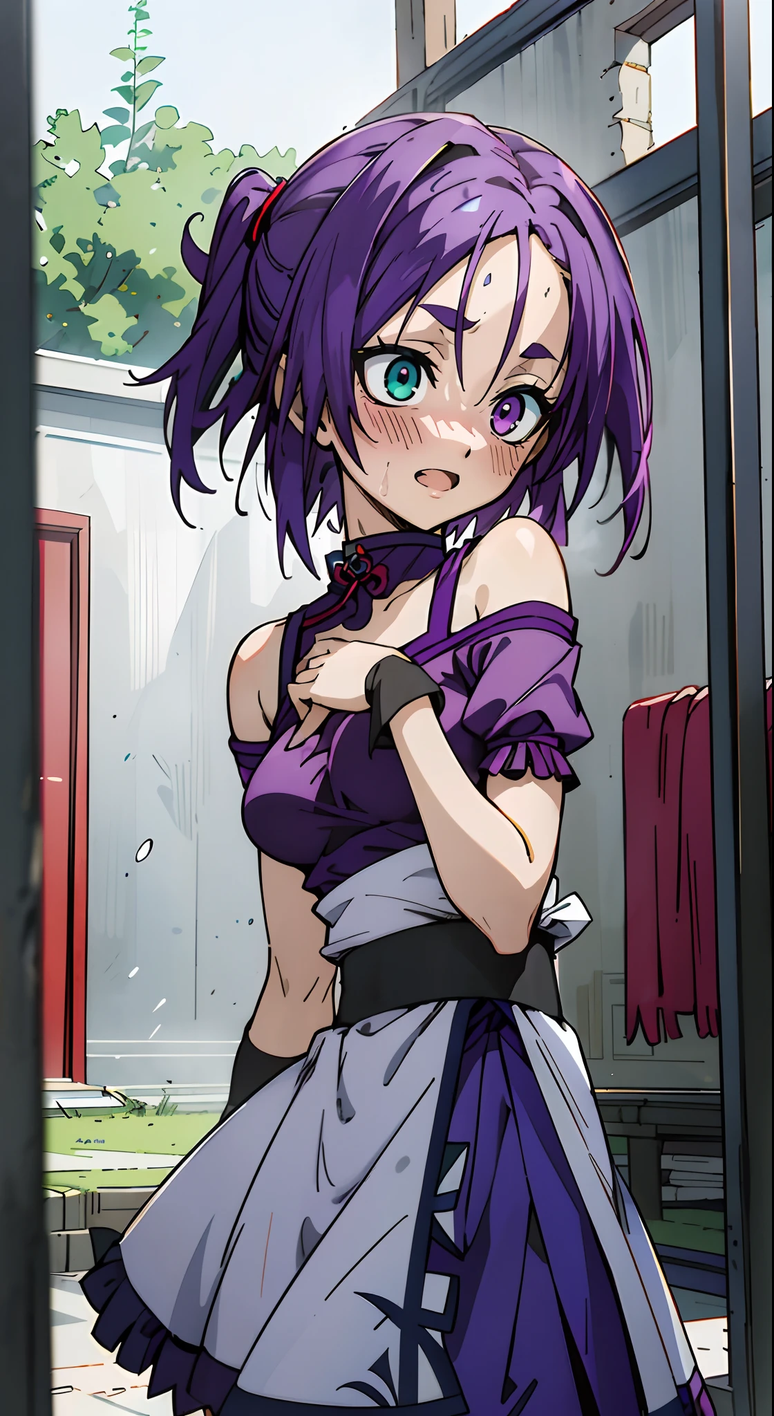 Masterpiece, Best quality, Ultra-detailed, Off-the-shoulder attire, Colorful,take up close, Hyper-detailing,purple color hair, reo mikage, bluelock, no sleeves, camisole, blue camisole, cheongsam, chinese clothes, chest exposure, underwear, frilly underwear, the kinky is exposed, choker, black choker, arm warmers, sexy breasts, scar, big breasts, red blush, 1girl, Solo, sharpy face, heterochromia, green eyes, purple eyes, Bare neck, opened mouth, rays of sunshine, brautiful sky, shining sky, slum town