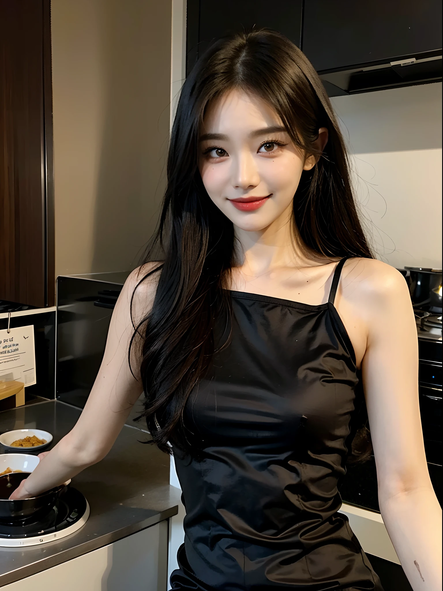 ​masterpiece、top-quality)、1 beutiful girl、Slim body、((Black and white loungewear:1.1))、(Detailed beautiful eyes)、In the kitchen of a rich man's house、Face similar to Chaewon in Le Selefim、((Boyish Brown Medium Hair))、((Smaller face))、((Neutral face))、((Light brown eyes))、((Korean Girl))、((18year old))、((cool lady))、((A shy smile on his face))、((Korean Makeup))、((elongated and sharp eyes))、((Happy dating))、((boyish))、((Cooking))、((shot from front))
