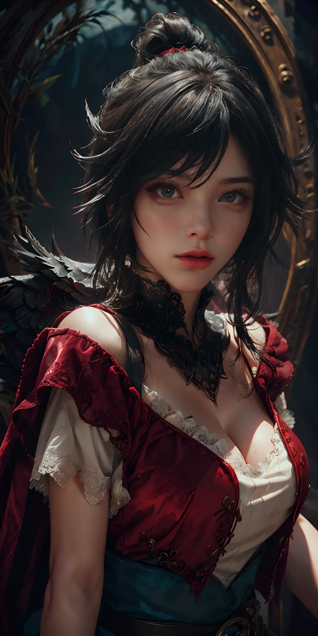 velvet crowe character, beautiful, sexy, red, 4k, hdr, upscale, detailed eyes, detailed lips, realistic lighting, portrait style, vibrant colors.