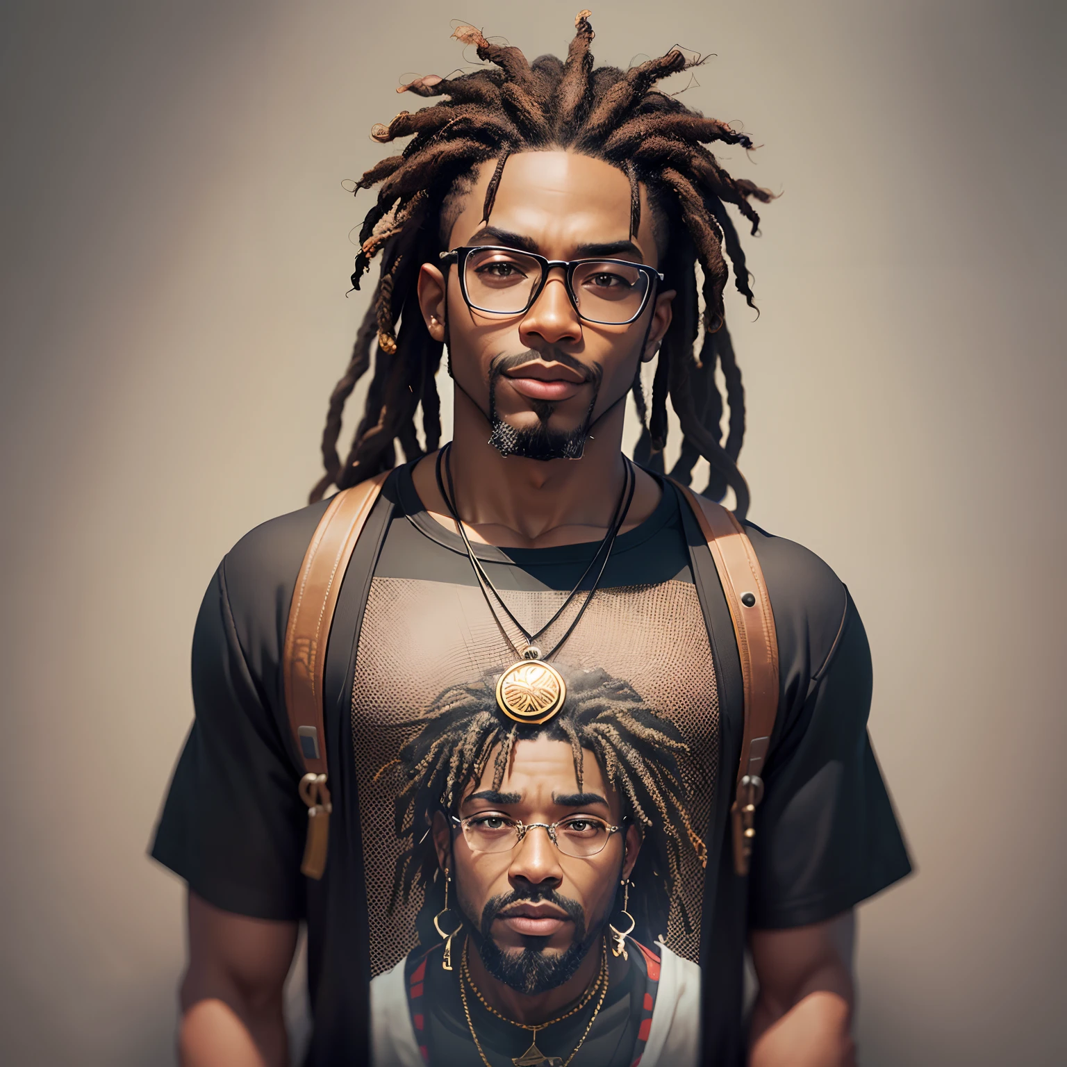 A black man in a dread and in a rapper's clothes looking forward with glasses, goatee and gray beard, a half-thin rosot, brown eyes and a chain with hexagram pendant with his arms lowered TV presenter style