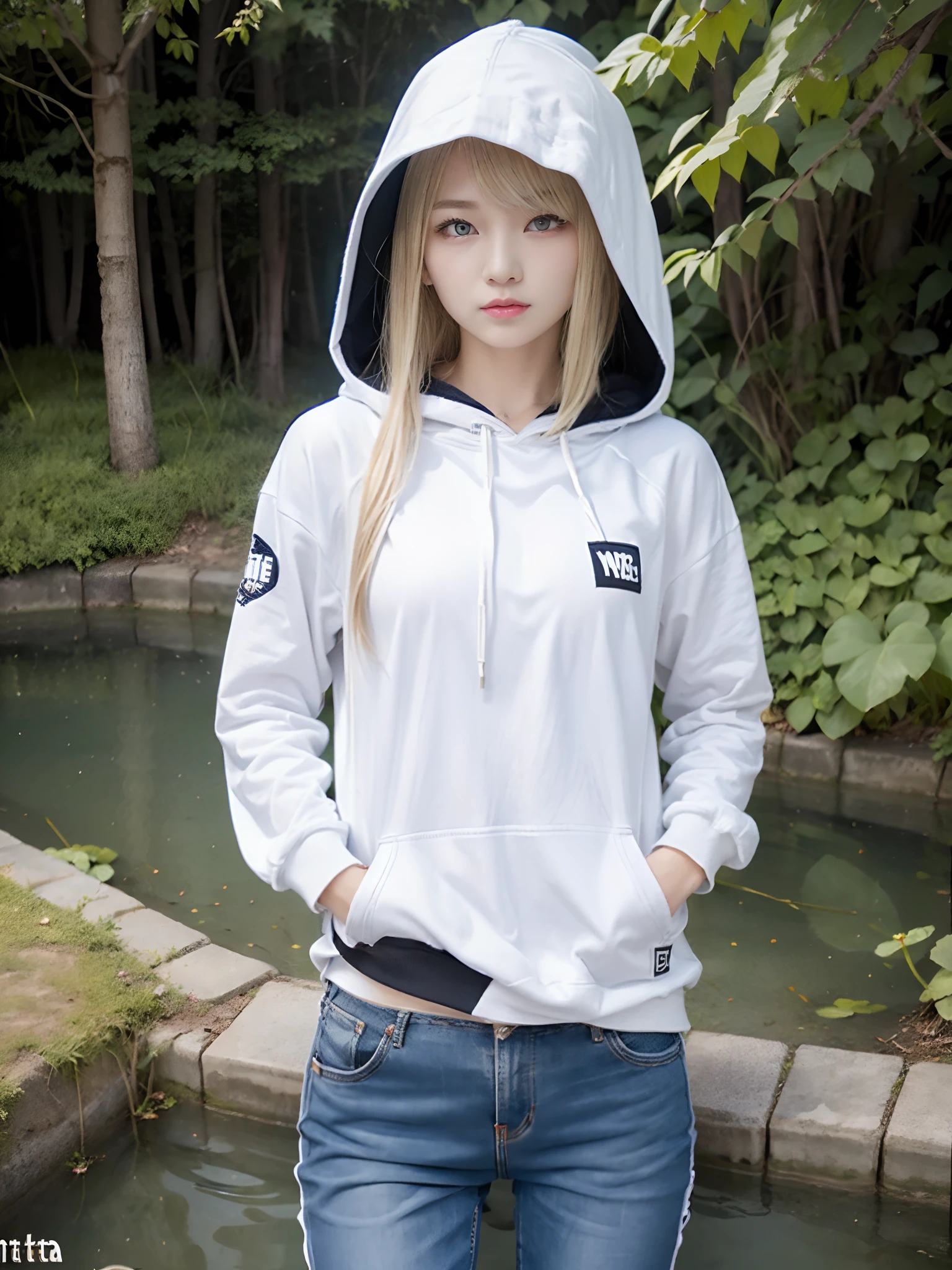 Very beautiful cute face、shiny beautiful skin、White beautiful skin、Beautiful pale light blue eyes, Beautiful very long blonde hair、(Blonde hair:1.3)、Sexy swaying bangs、18 years old cute little face beautiful girl、street wear,street clothes、casual pants、(Hooded streetwear:1.2)、(dynamicposes:1.4)、(natta:1.5)、Float above the pond、foliages、insects、Chii、