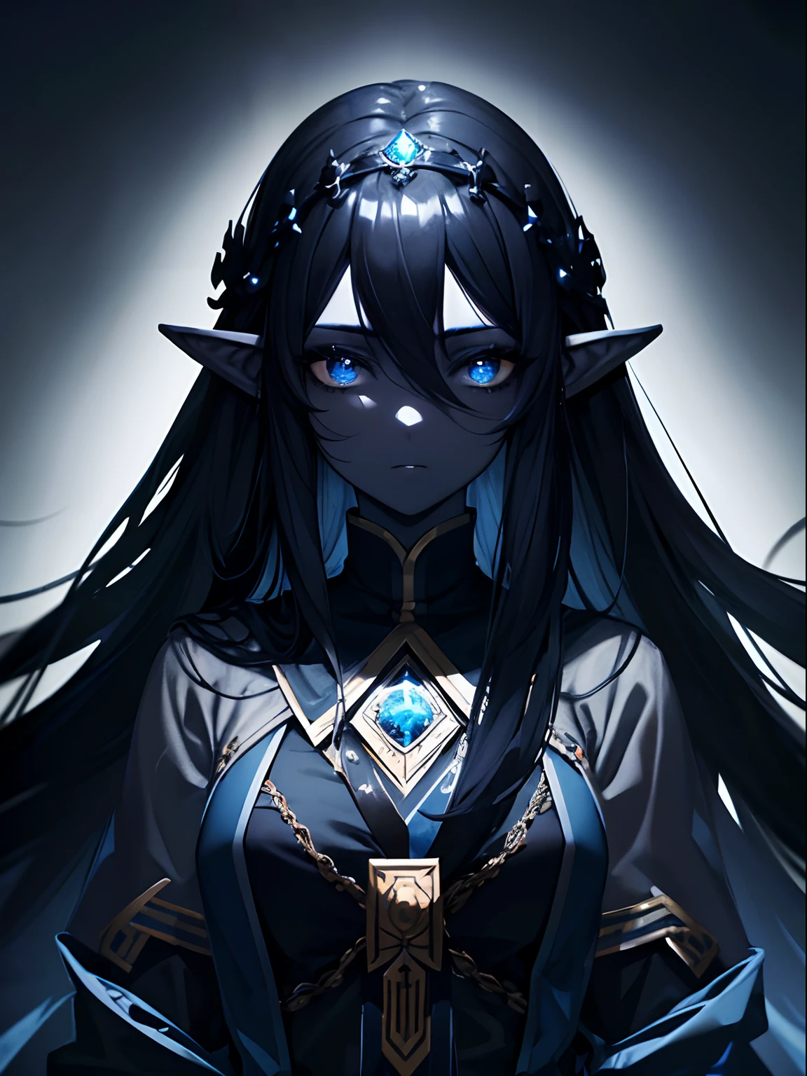 (Masterpiece, Best quality, ultra high resolution),1girl,very long hair,dark black hair,elf ears, black skin, beautiful and detailed face, detailed eyes,ceremonial tunic, black crown,((grey and blue theme))
