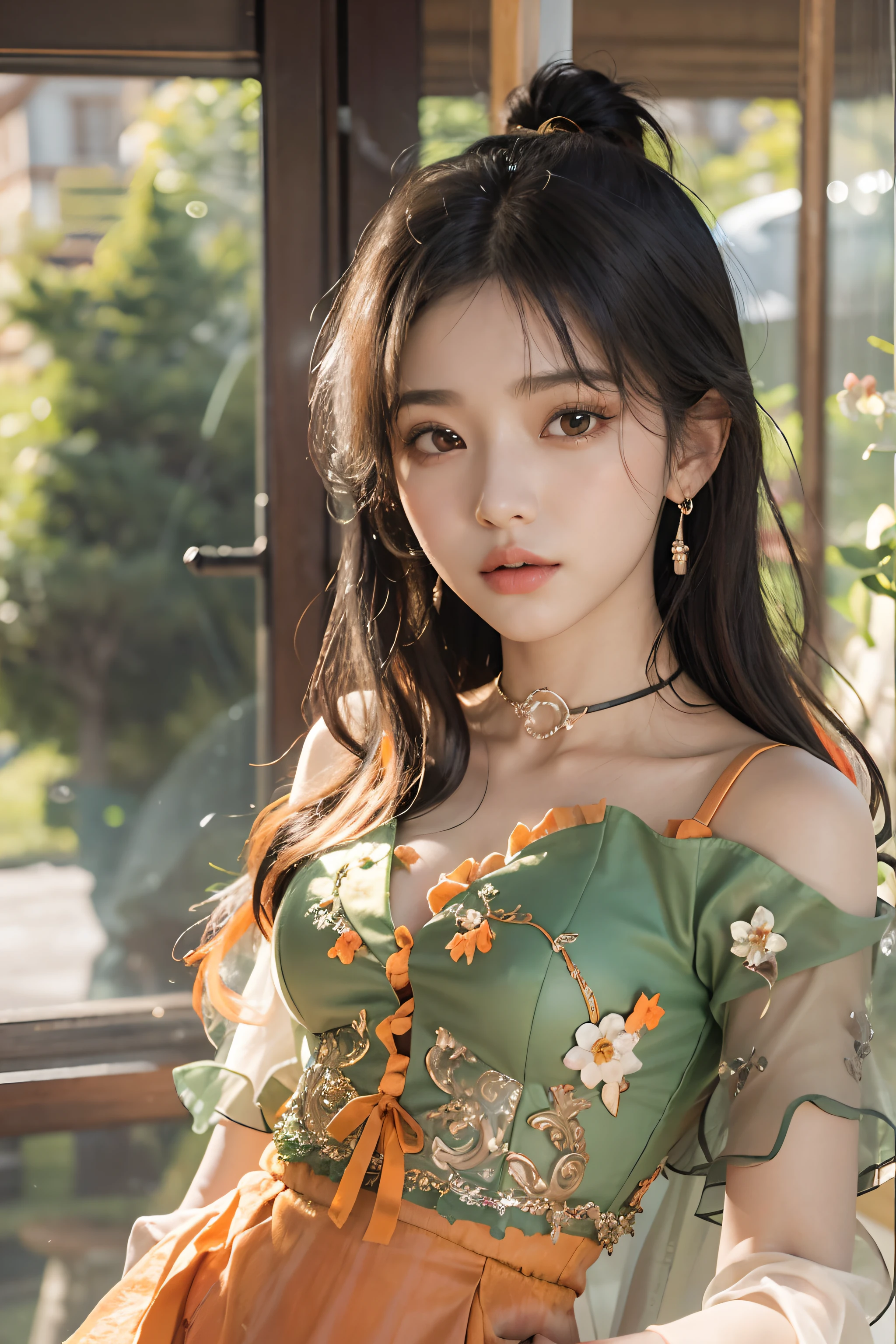 (upper Shot)、1girl in、in her 20s、((Medium Hair))、(((Black hair, Orange dip dyed hair)))、((bangss))、(Photoreal Stick:1.2)、in 8K、(High quality shadows)、(A charming expression)、Detail Beautiful delicate face、Detail Beautiful delicate eyes、Cute K-pop Idol、(Korean Urzan Face)、pureerosface_v1、(looking at view)、gloweyes、perfectbody、((strong lights))、(a choker)、(piercings)、((Brown eyes))、((Beautiful Finger))、 Shiny hair、Description beautiful delicate hair、(Lustrous skin)、((Green see-through dress))、(corsets)、(long skirt)、 (early evening)、Background blur、灯光、huge window、(Strong Western Sun From the Window)、Flowers in a vase、Sit on a large sofa、