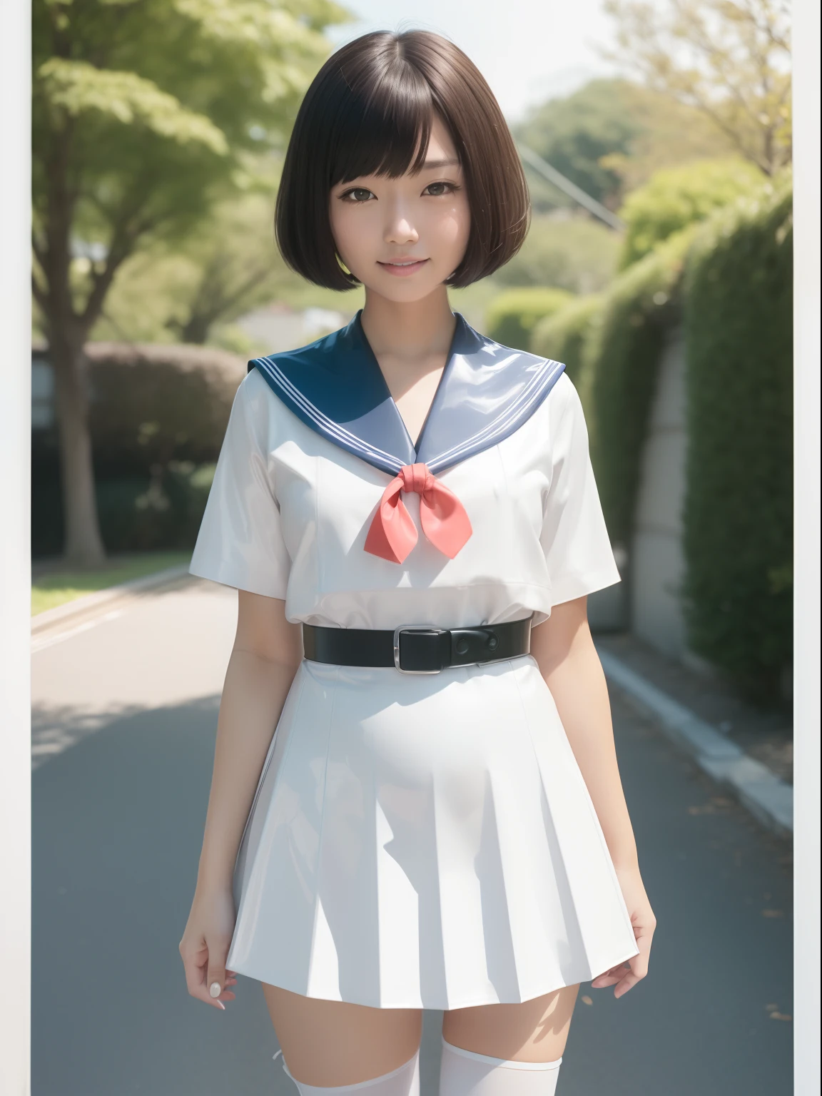 masutepiece,A hyper-realistic,32K,the Extremely Detailed CG Unity 8K Wallpapers, Best Quality,1 Beautiful Japan Woman,(Japanese high school girl, Japan school uniform,Japanese student uniform,japanese sailor suits,latex,Large Latex Sailor Color:1.3,((Large Latex Sailor Ribbon: 1.2)),Cowboy Shot, Street, garden, (Film grain:1.2), (Film Overlay:1.3),Smile,Bob Cut Hair,