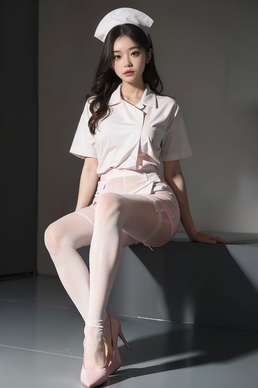 (full bodyesbian:1.5)，(1girll:1.3),(view the viewer:1.4)，(anatomy correct:1.4),(Sit on top of the hill:1.2),(Wearing a white nurse suit:1.2),(Opaque pink pantyhose:1.3),( Girls pointed-toe thick heels :1.1),(Accurate and perfect face:1.3),(Long legs:1.3),hyper HD, Ray traching, reflective light， structurally correct, Award-Awarded, High detail, Fade shadow contrast, Face lighting ，Cinematic lighting, Masterpiece, super detailing, High quality, High detail, Best quality, 16k，High contrast,