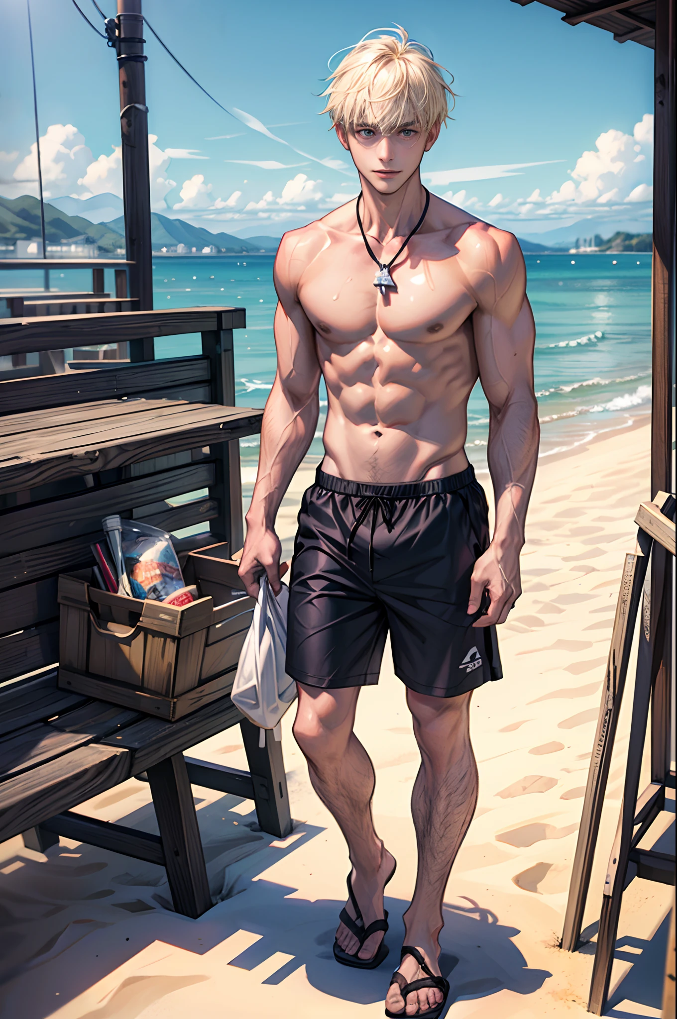 (tmasterpiece,超高分辨率,16k UHD,high qulity),low tune,lifeguard,Seaside, (Standing in an ice shop by the sea), standing on your feet,full bodyesbian,looking at viewert,Shirtless, swimming trunks,tmasterpiece,On a wooden platform by the sea,sitted,(Golden hair),(Around his neck was a lifeguard-only whistle), (Comb short hair), Black eyes,(roast), ssmile, (White clip foot dragging), Seoul, (dregs:1.5),(small heads),Precise anatomy,Precise hand structure,white swim trunk,Unity 16K wallpaper,concept-art,One guy,8K eyes,sand beach,bench,(((Mature male))),((largeeyes:1.3)),(extra very short hair),((1 American Bizo)),swim trunks,(photorealiscic face:1.8),broad shoulder,slips,(full bodyesbian:1.8),Male 28,