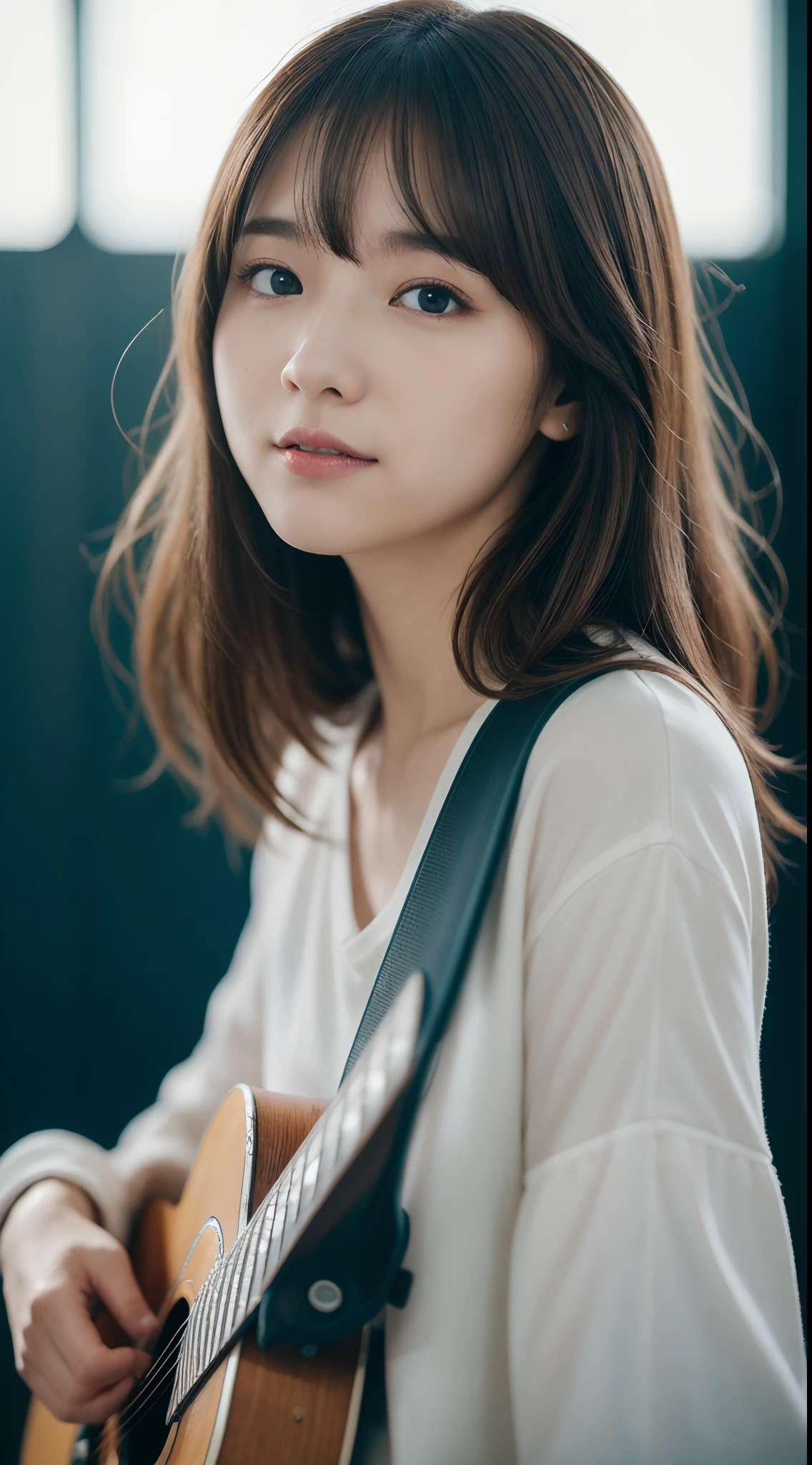 1girl in, Portrait, Bokeh, masutepiece, Natural light, acurate, Anatomically correct, Textured skin, Front lighting, F/1.8, 90 mm, Fujifilm GFX 50R, Regina Display, Super Detail, high details, High quality, Best Quality, hight resolution, nffsw, 1080p, hard disk, 4K, 8K, Wavy Hair, Guitar Heroine, Let's Rock, Solo singer,(up looking_で_viewer:1.2),