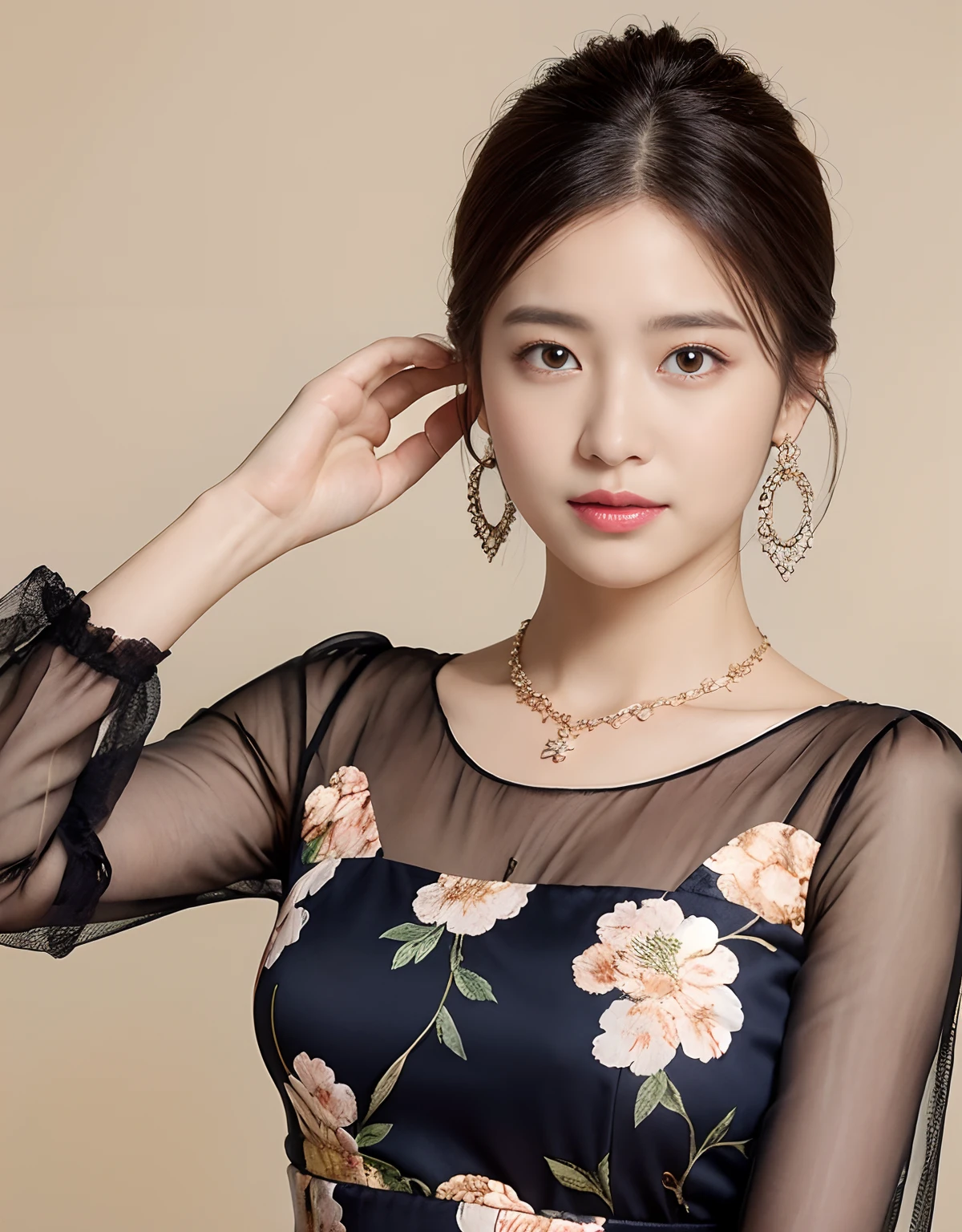 8K, masutepiece, Best Quality, Realistic,Portrait of beautiful young woman in floral dress, Pair with a diamond necklace, earrings, and cuff bracelets